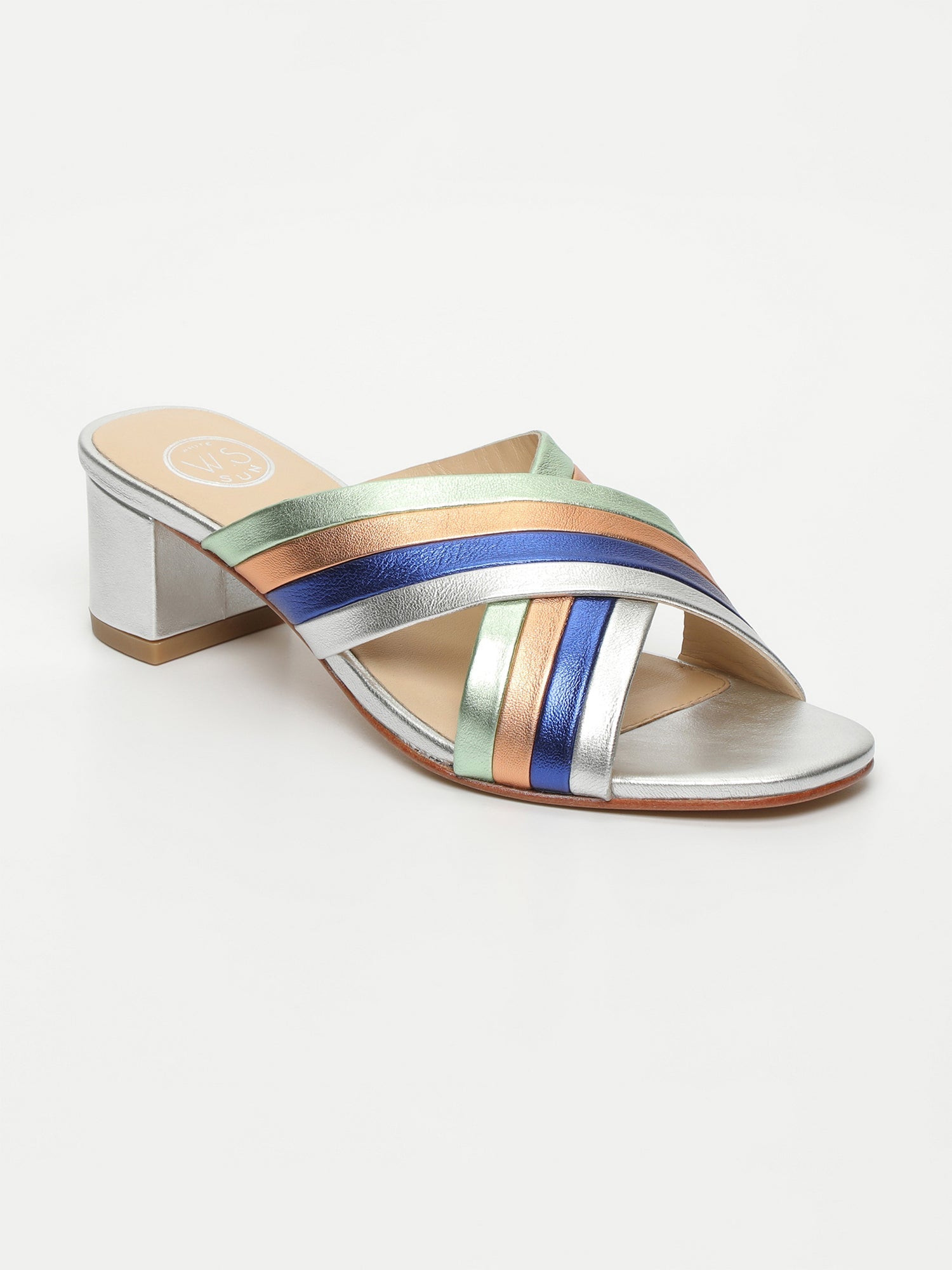 WESLEY mules talon fantaisie en cuir argent, bleu éléctrique et orange