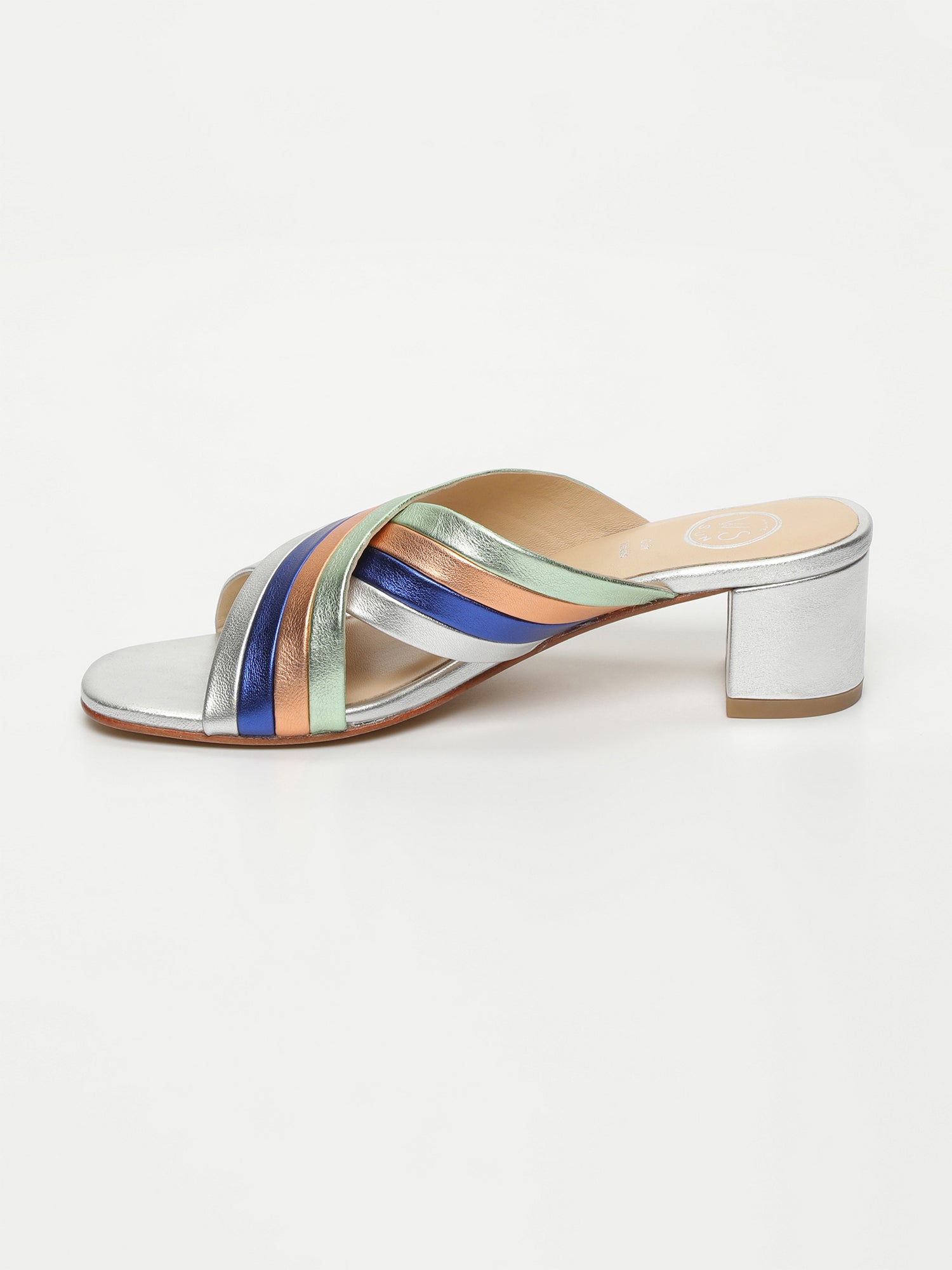 WESLEY mules talon fantaisie en cuir argent, bleu éléctrique et orange