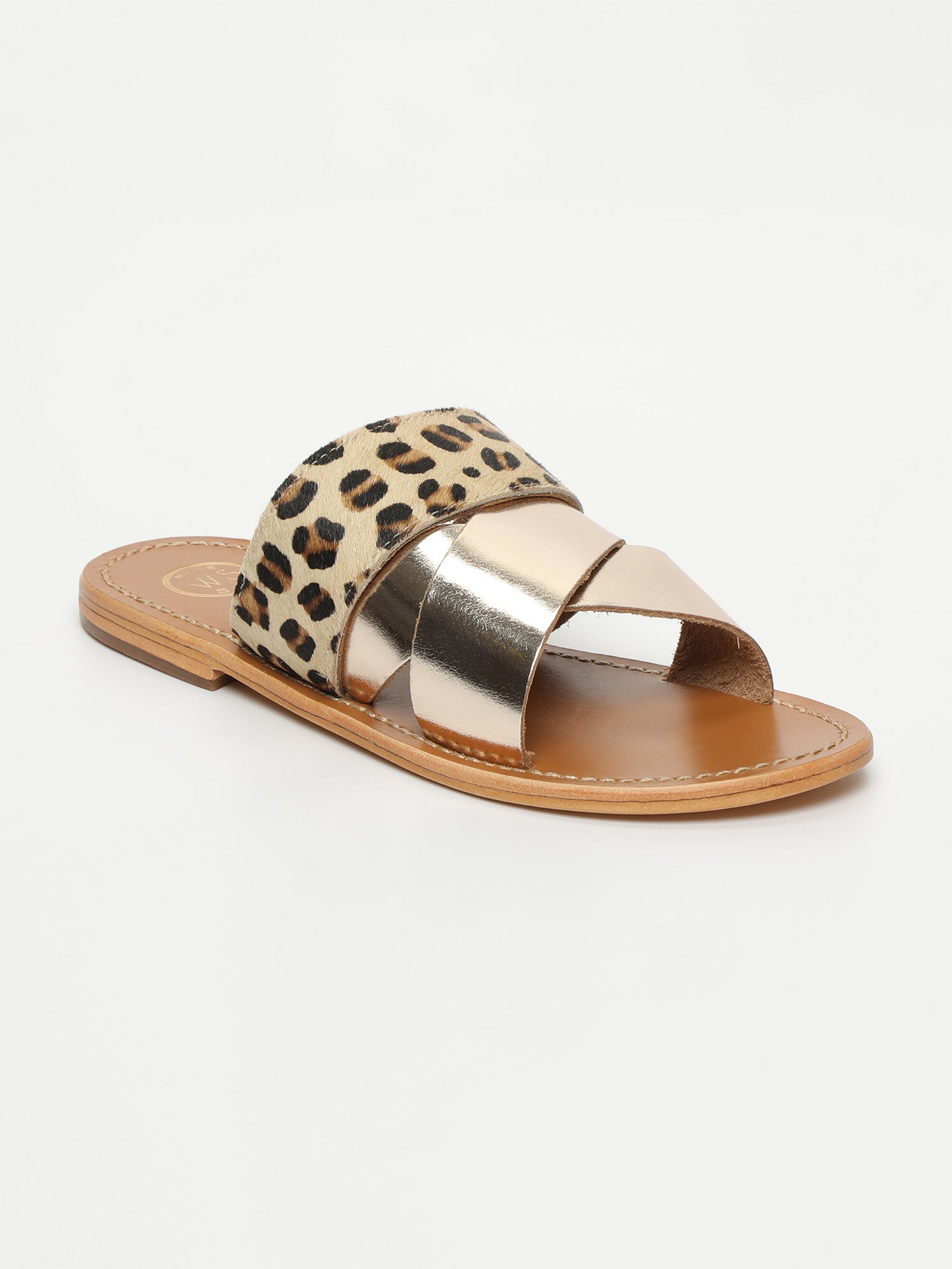 CHLEO mules animal en cuir or foncé et léopard