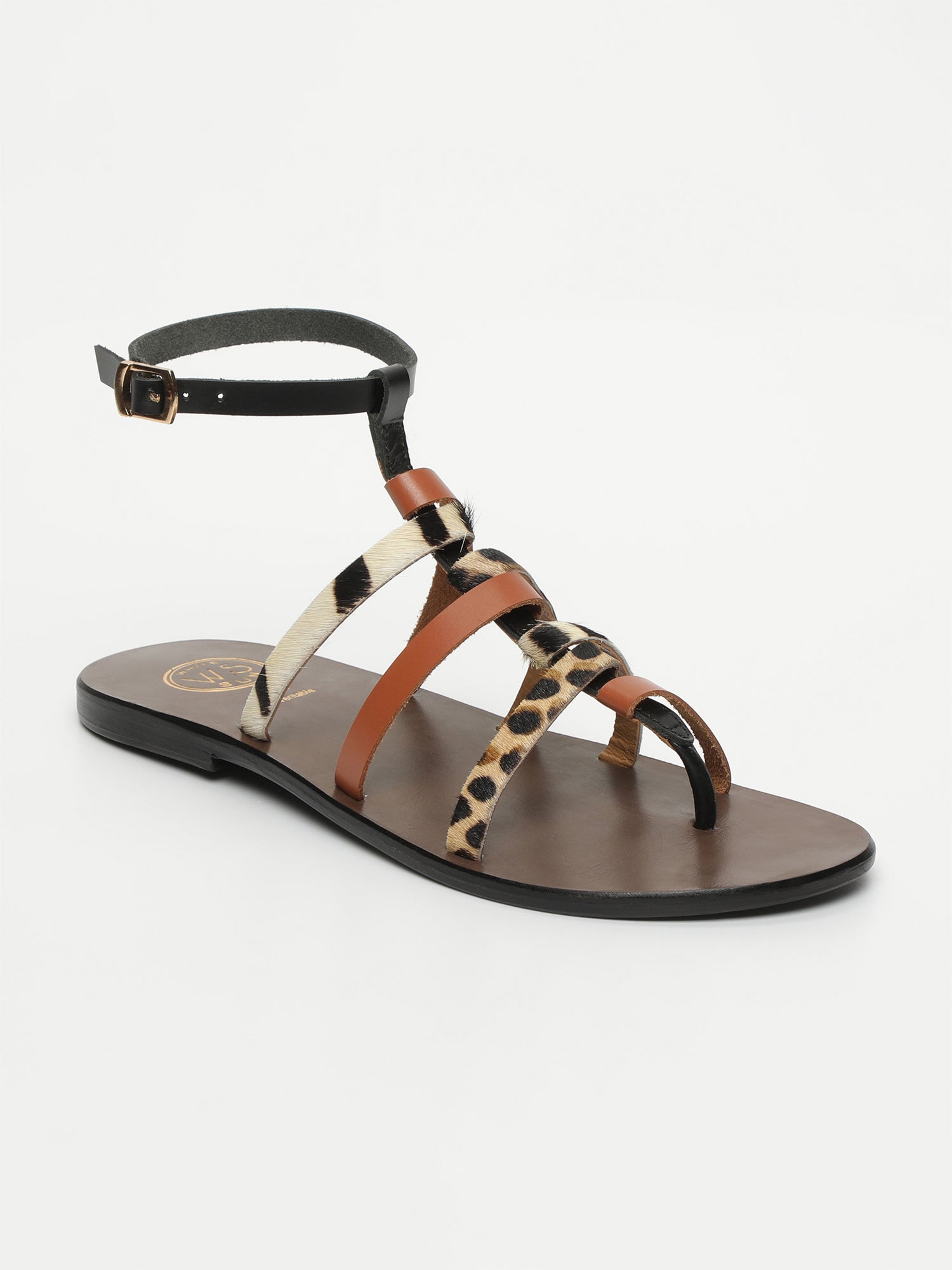 TAYRA sandales en cuir noir, camel, léopard et zèbre