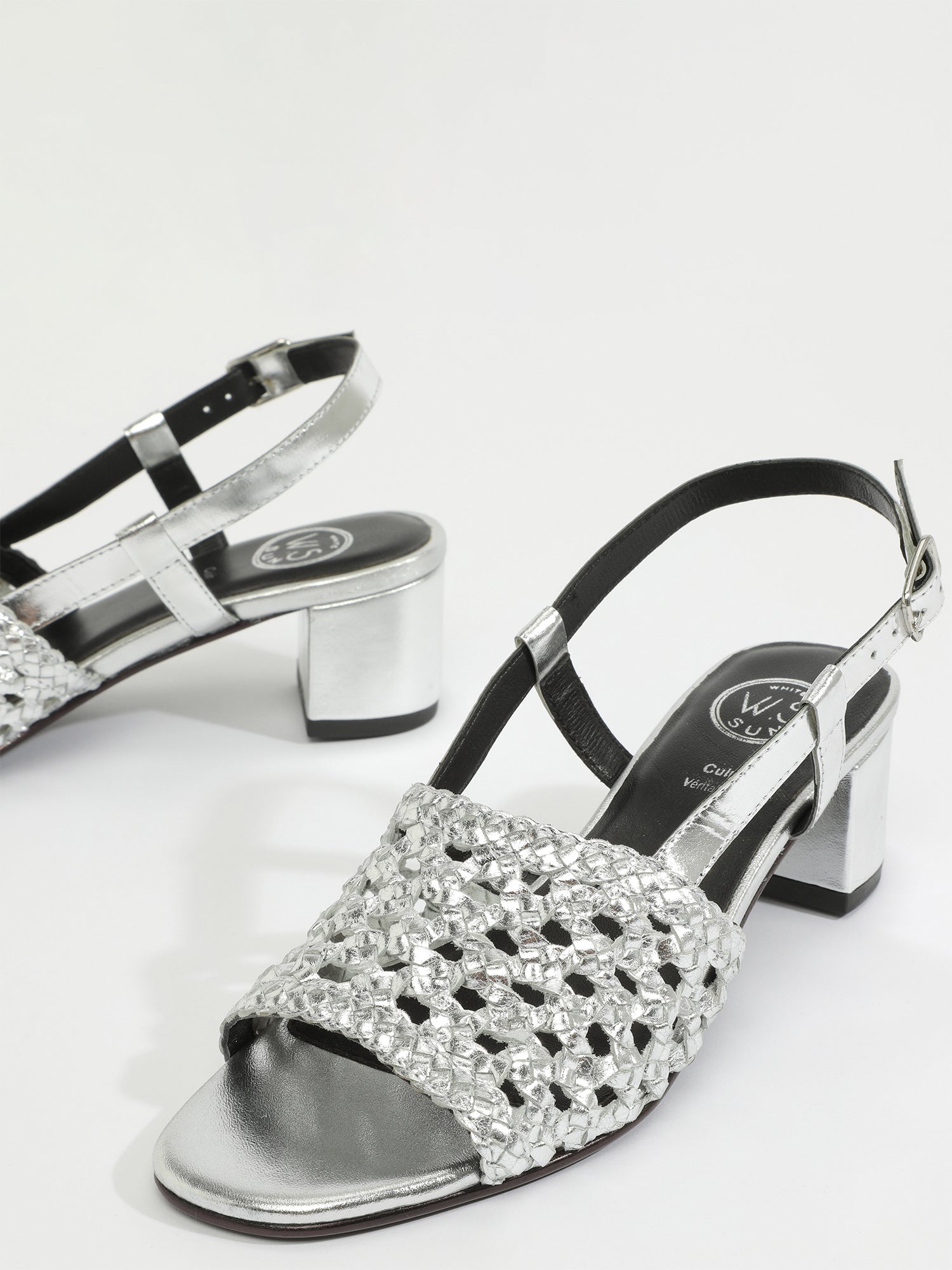 EMMY sandales talon tresse en cuir argent