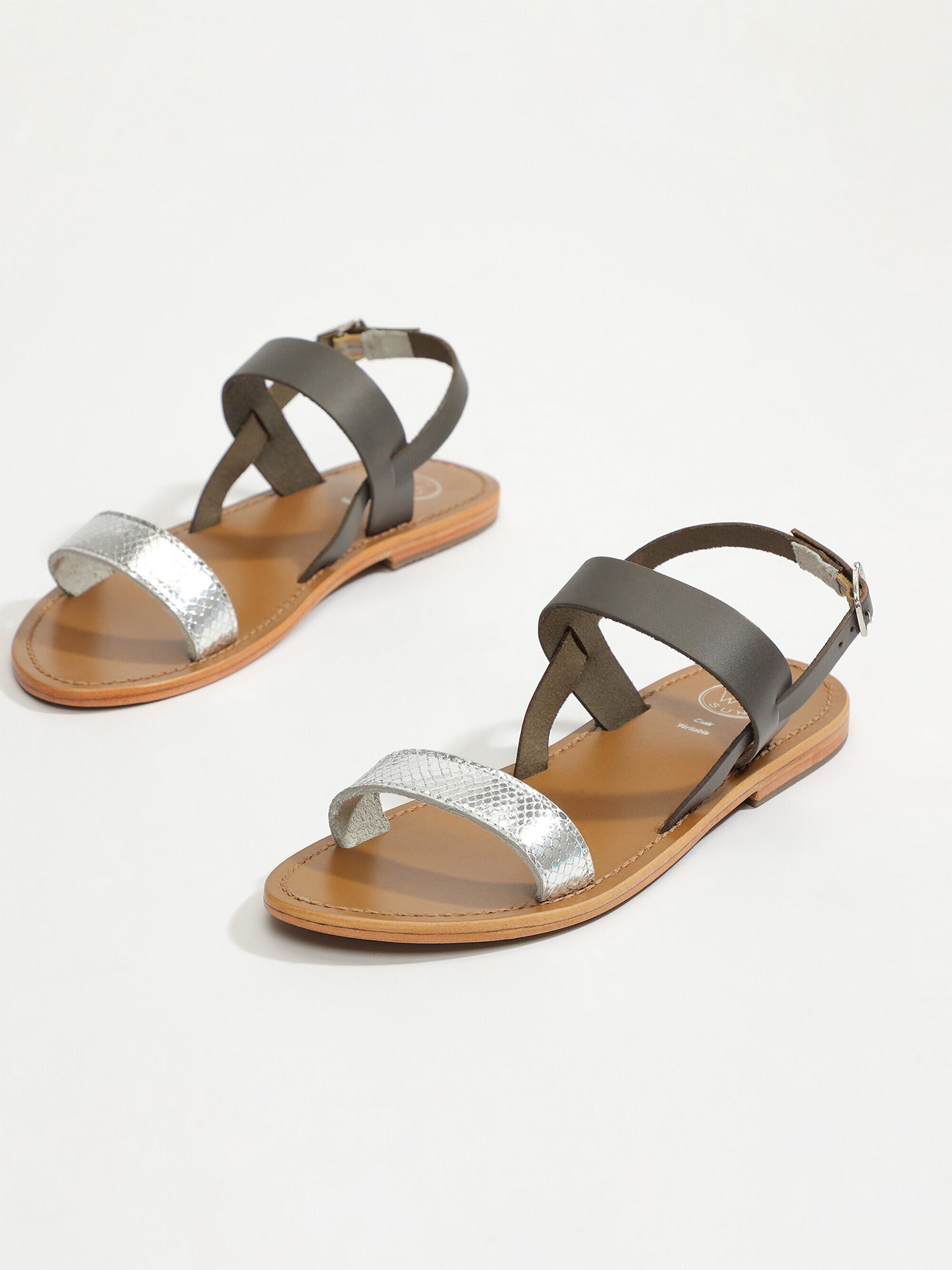 BURSA sandales bi-color en cuir gris et argent