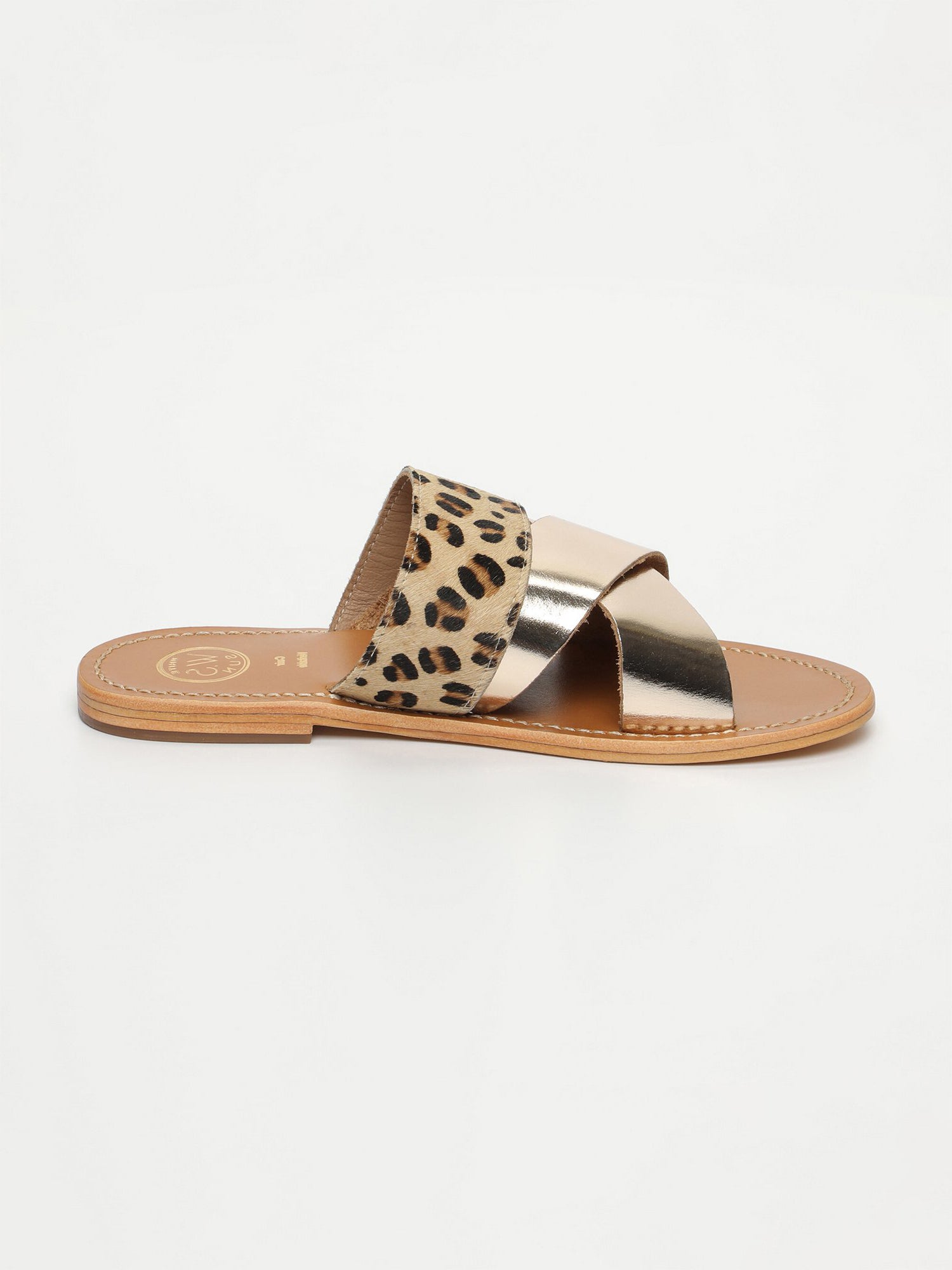 CHLEO mules animal en cuir or foncé et léopard