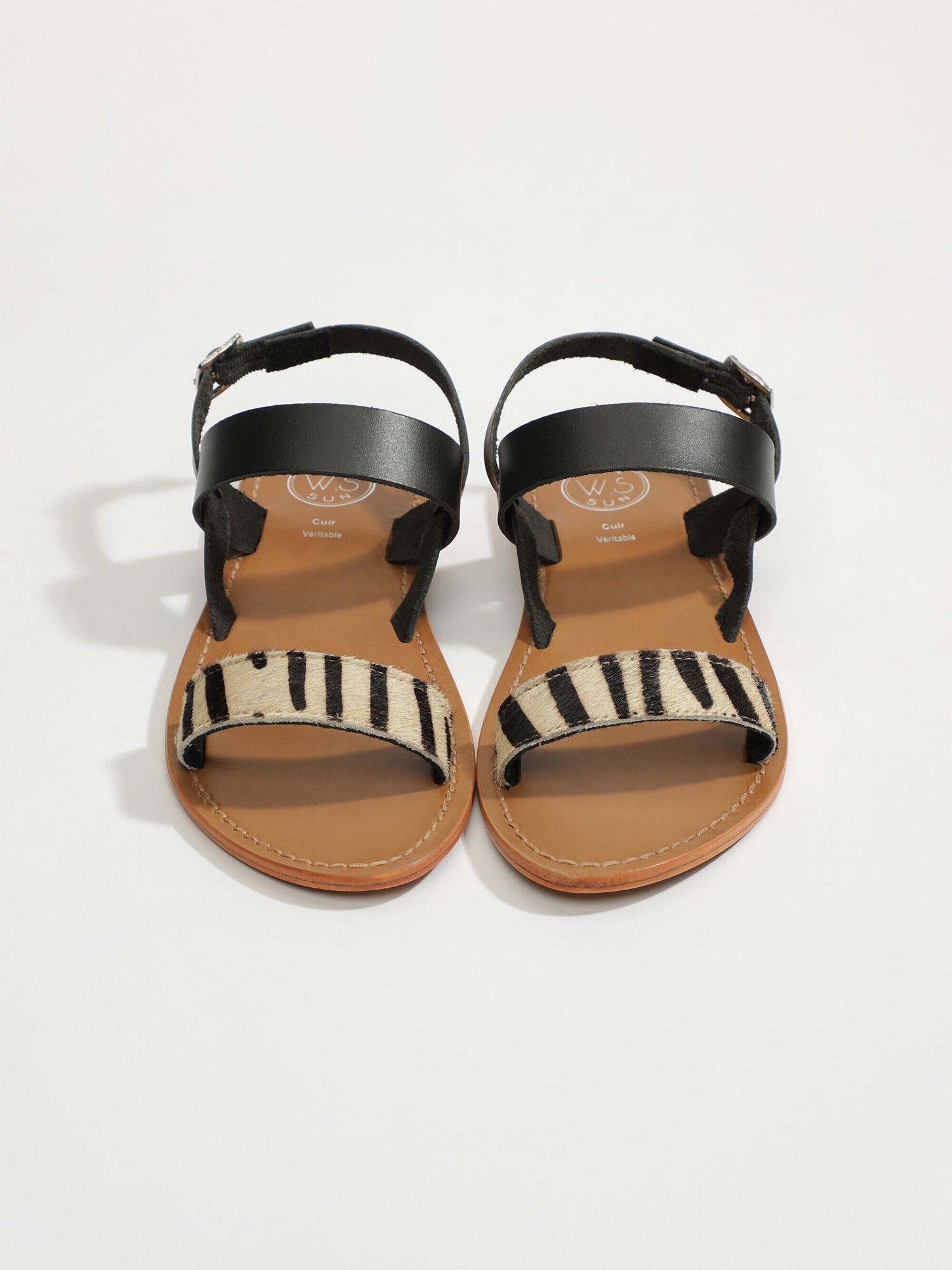 BURSA sandales animal bi-color en cuir noir et zebre