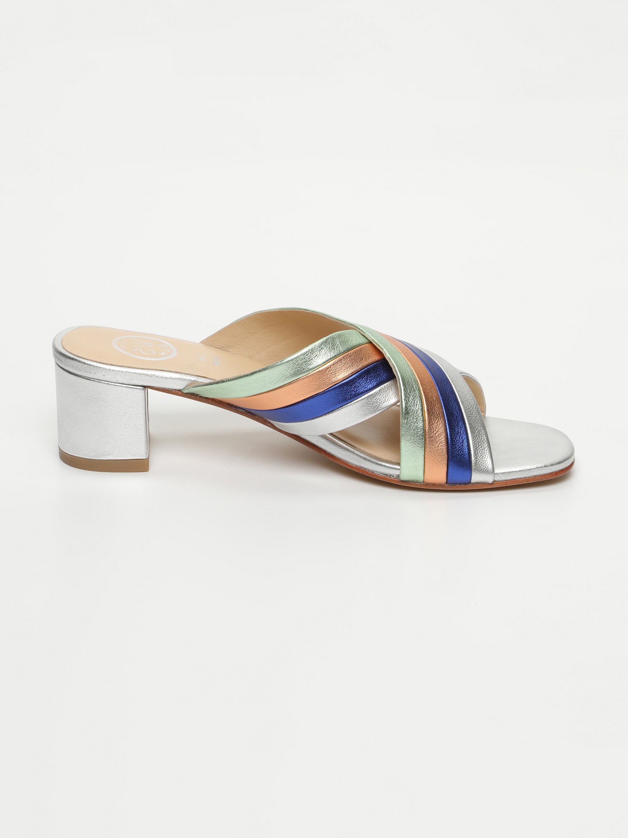 WESLEY mules talon fantaisie en cuir argent, bleu éléctrique et orange