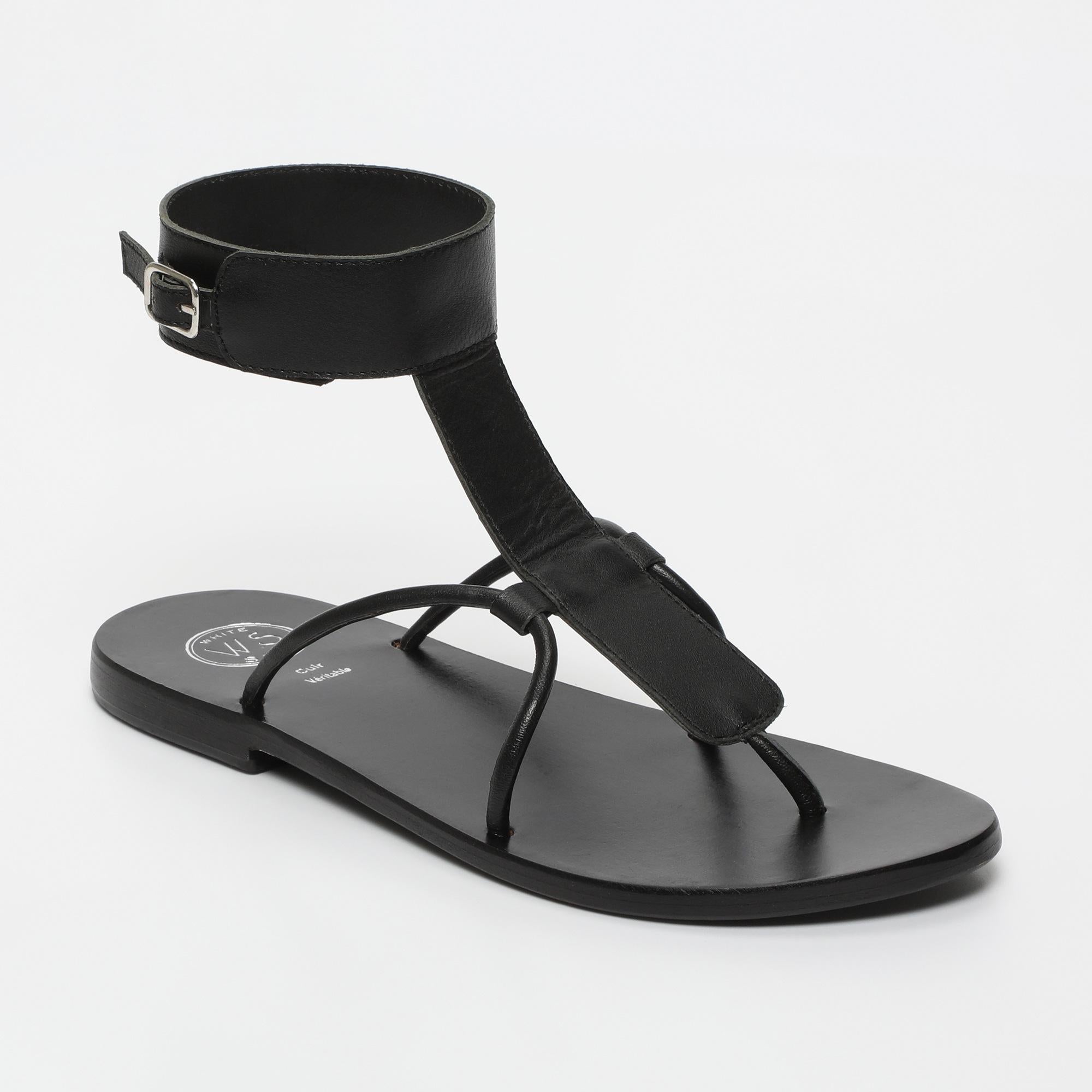 BABITHRA sandales entre doigt bracelet de cheville en cuir noir