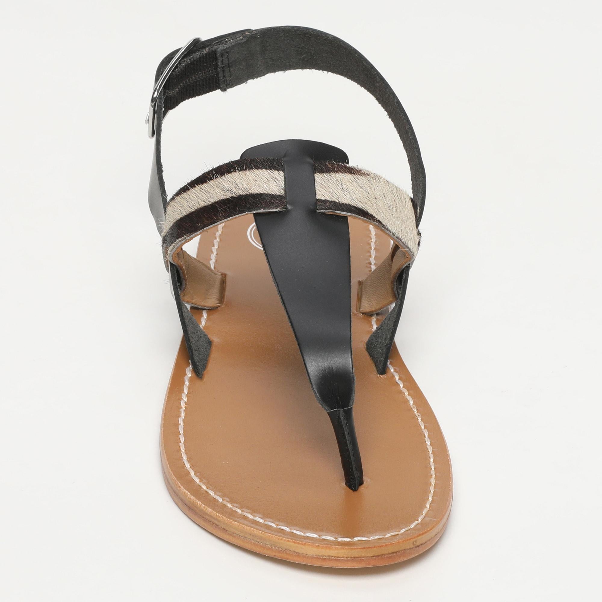 CASAS sandales entre doigt animal en cuir noir et zèbre