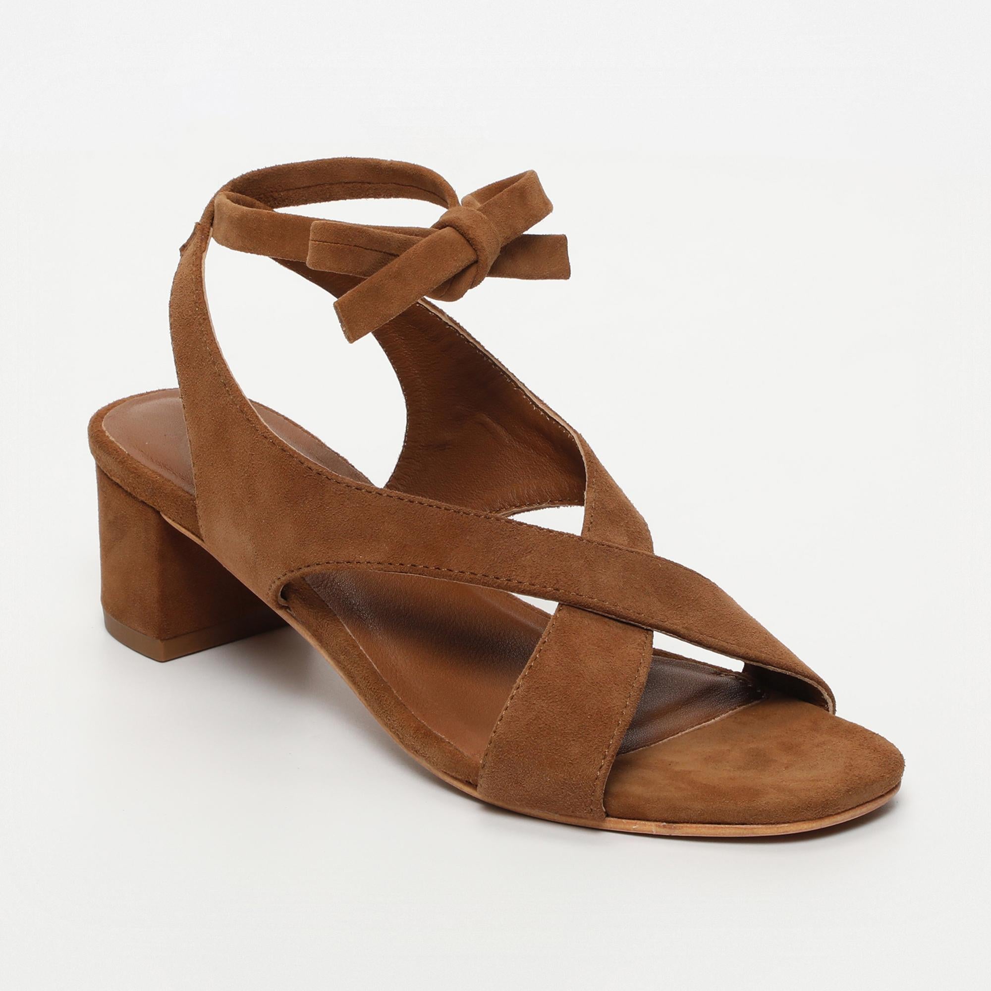 DARSHITA sandales talon lacets en cuir camel