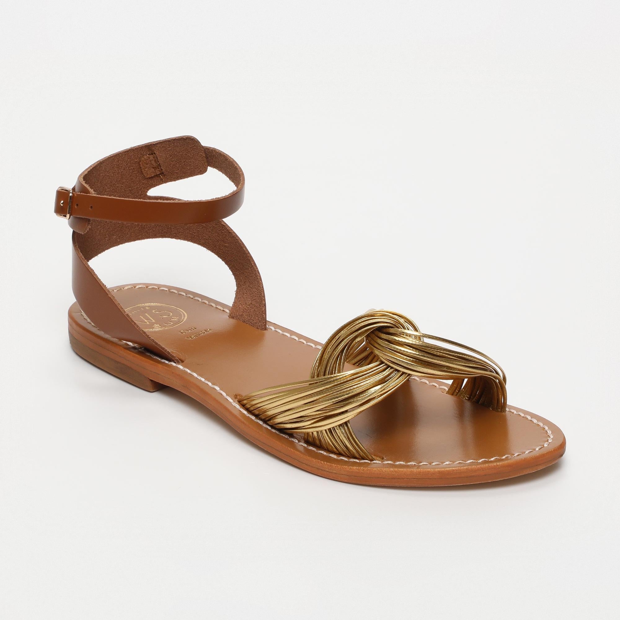 GIANNA sandales bracelet de cheville en cuir camel et platine
