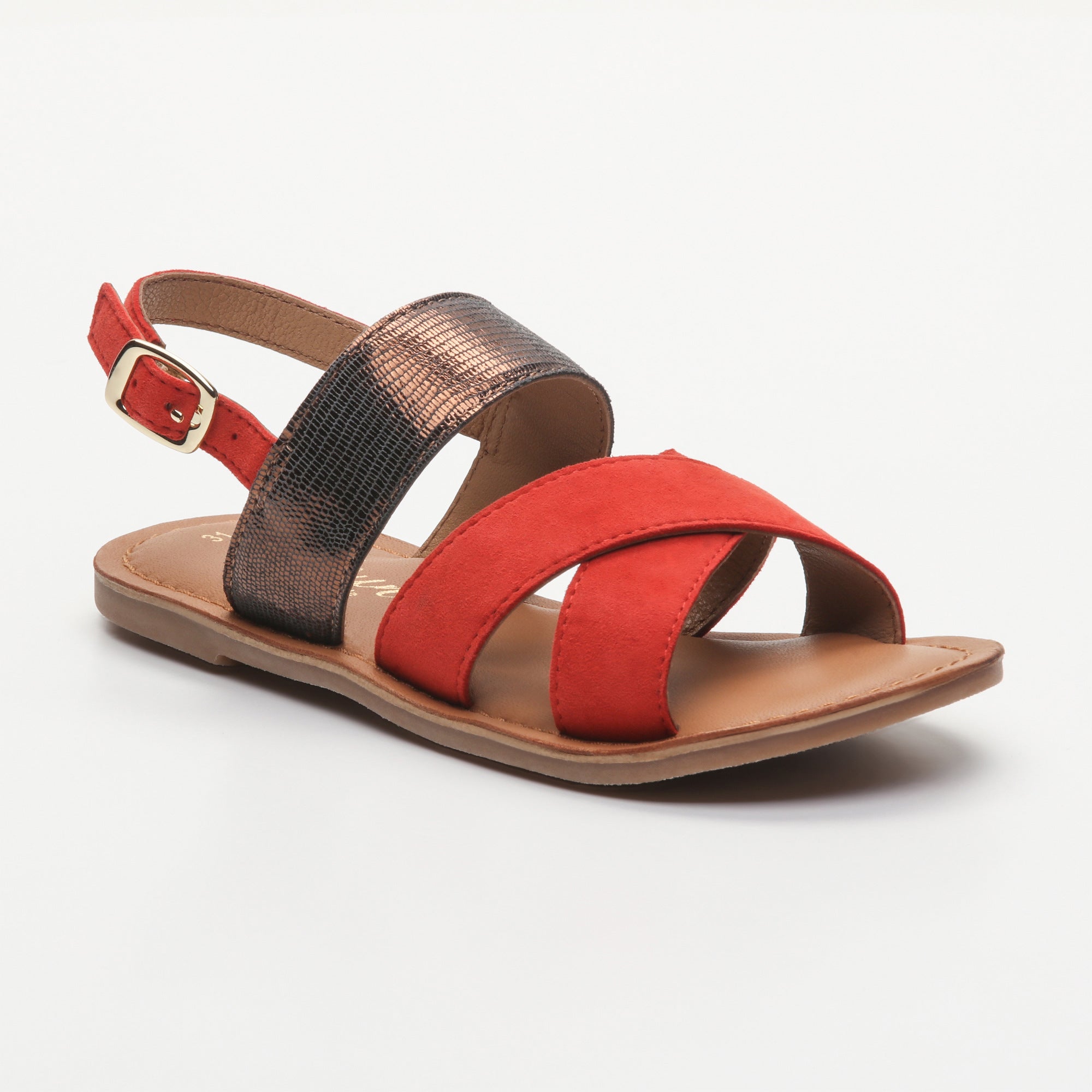 BLANCHE sandales cuir red + black & rosegold lizard