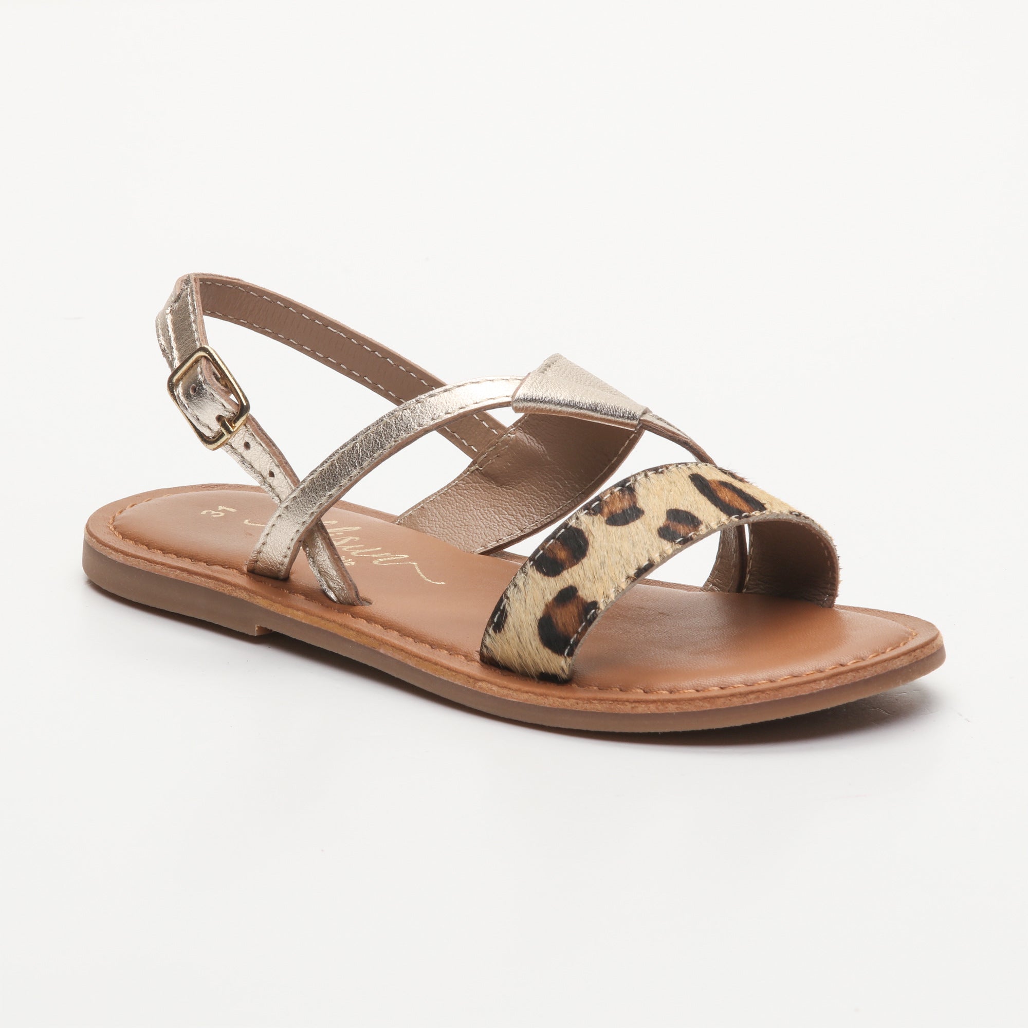 MARGUERITE sandales cuir platinium metallic + leopard