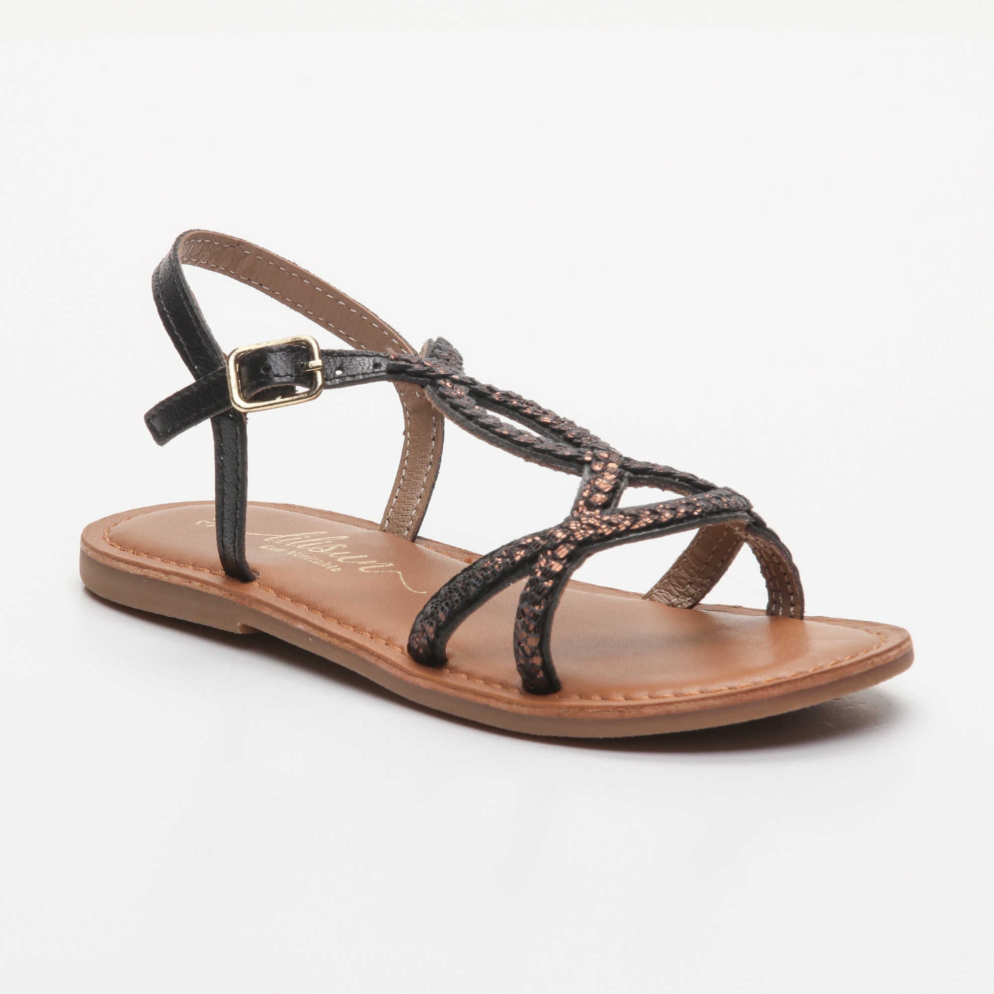 JOANNA sandales cuir black/gold lizard + black
