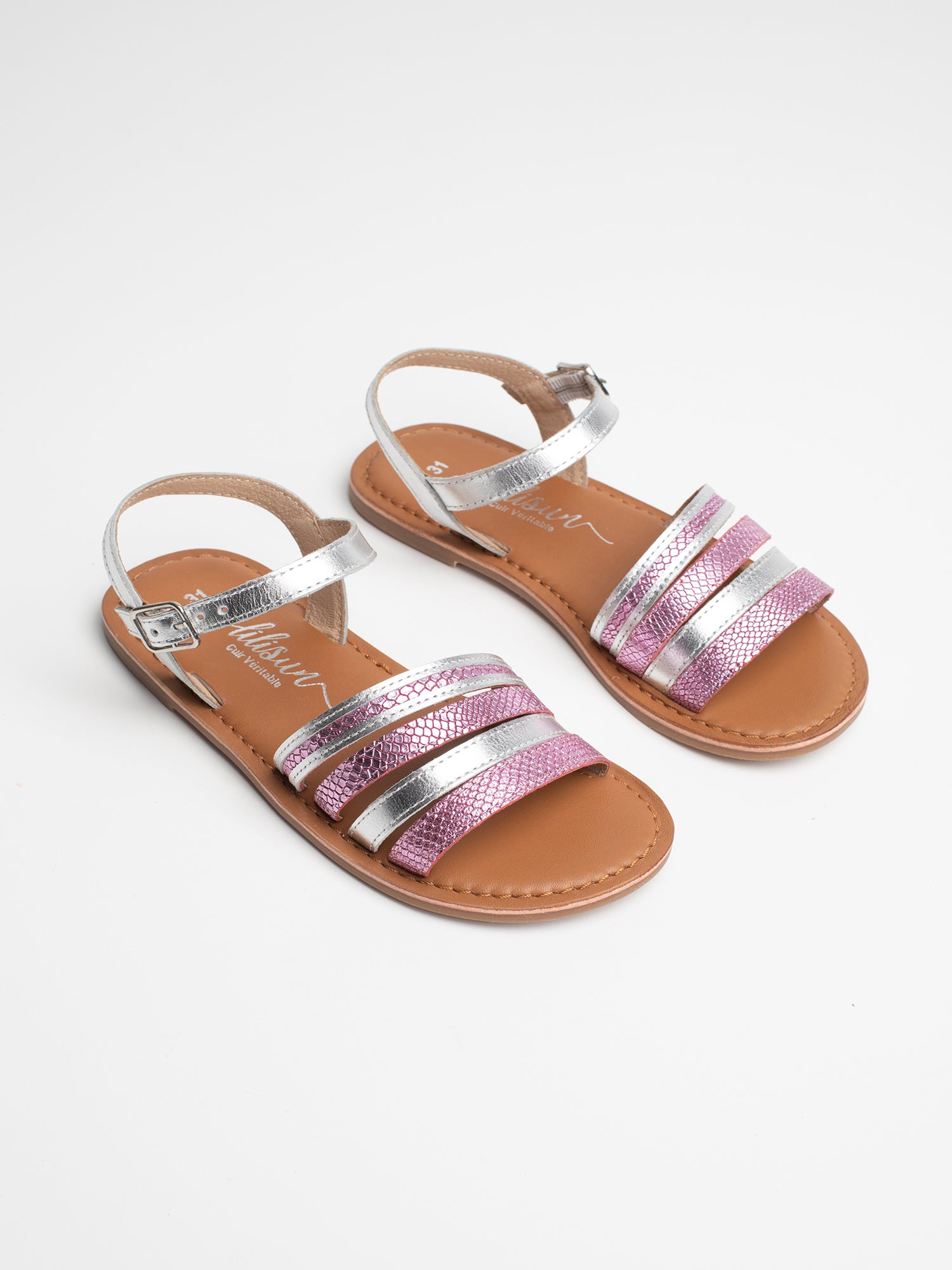 ABIGAELLE Sandales en cuir rose et argenté