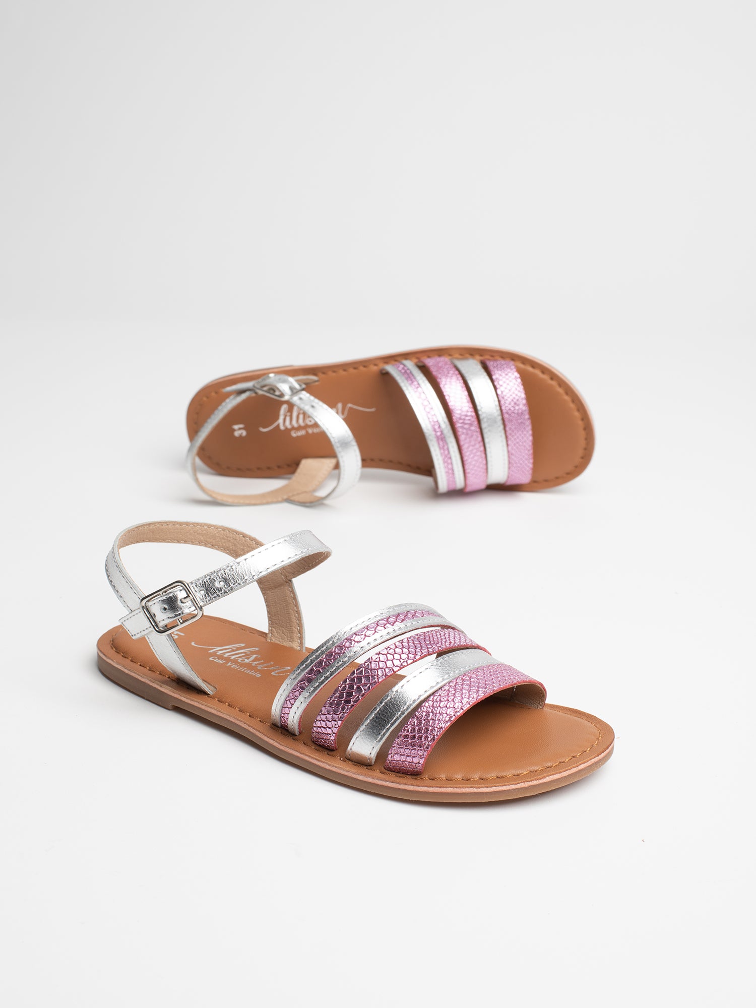 ABIGAELLE Sandales en cuir rose et argenté