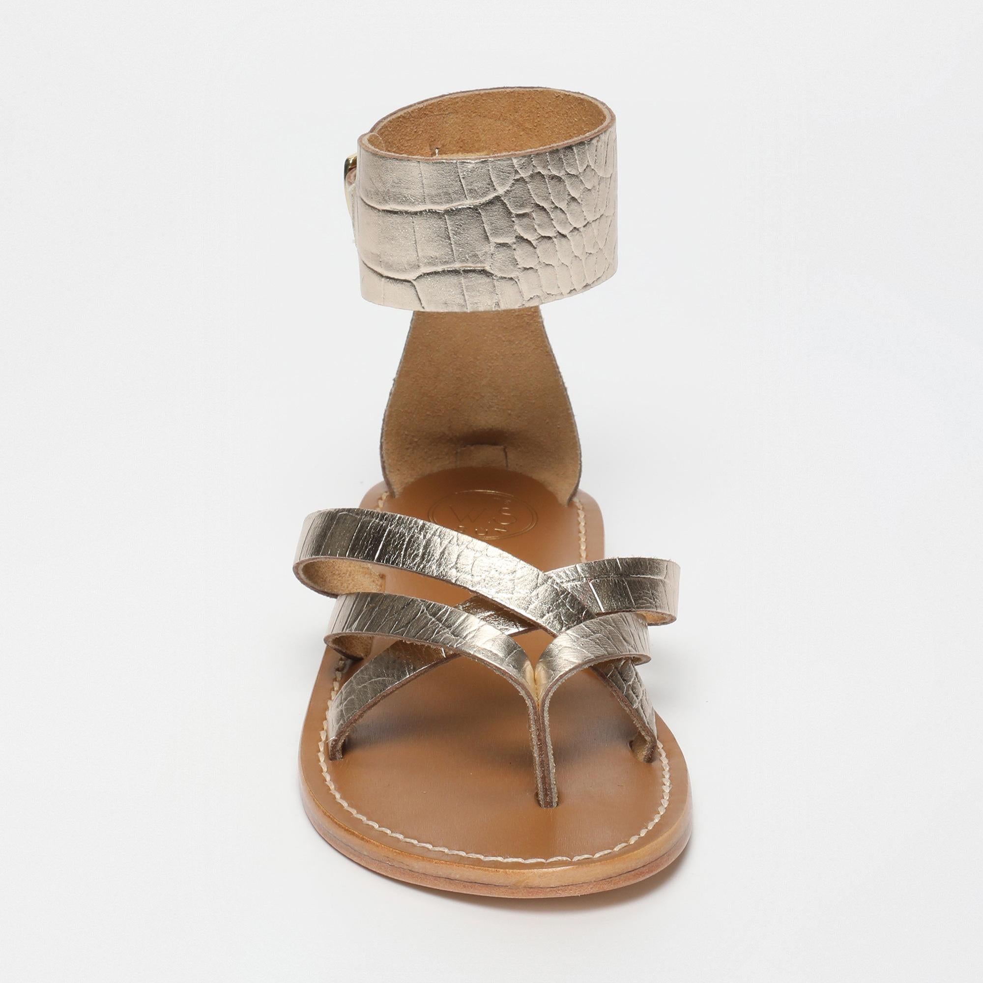 MANOA sandales entre doigt bracelet de cheville en cuir croco or clair