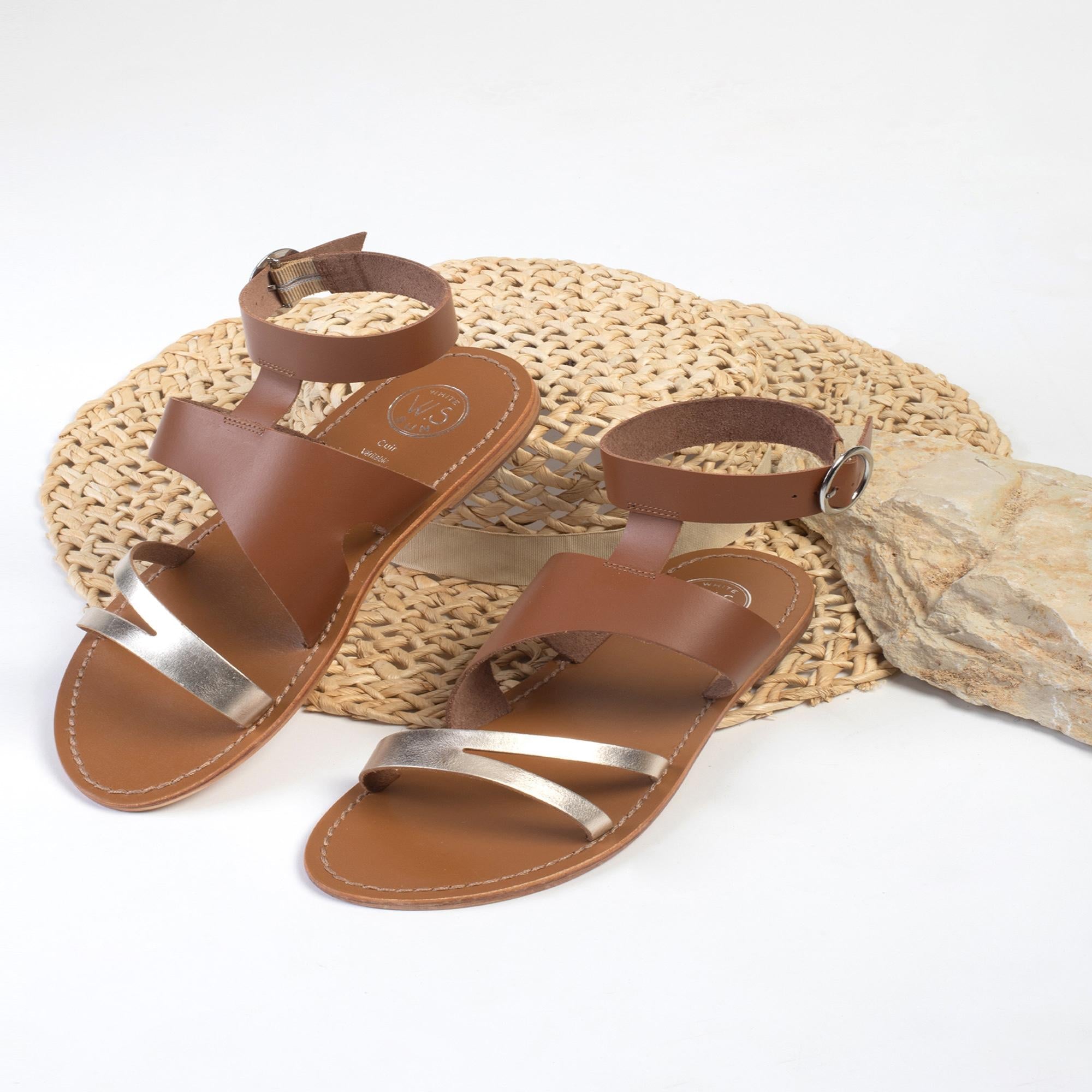 MOHARRAS sandales bracelet de cheville spartiates en cuir or et camel