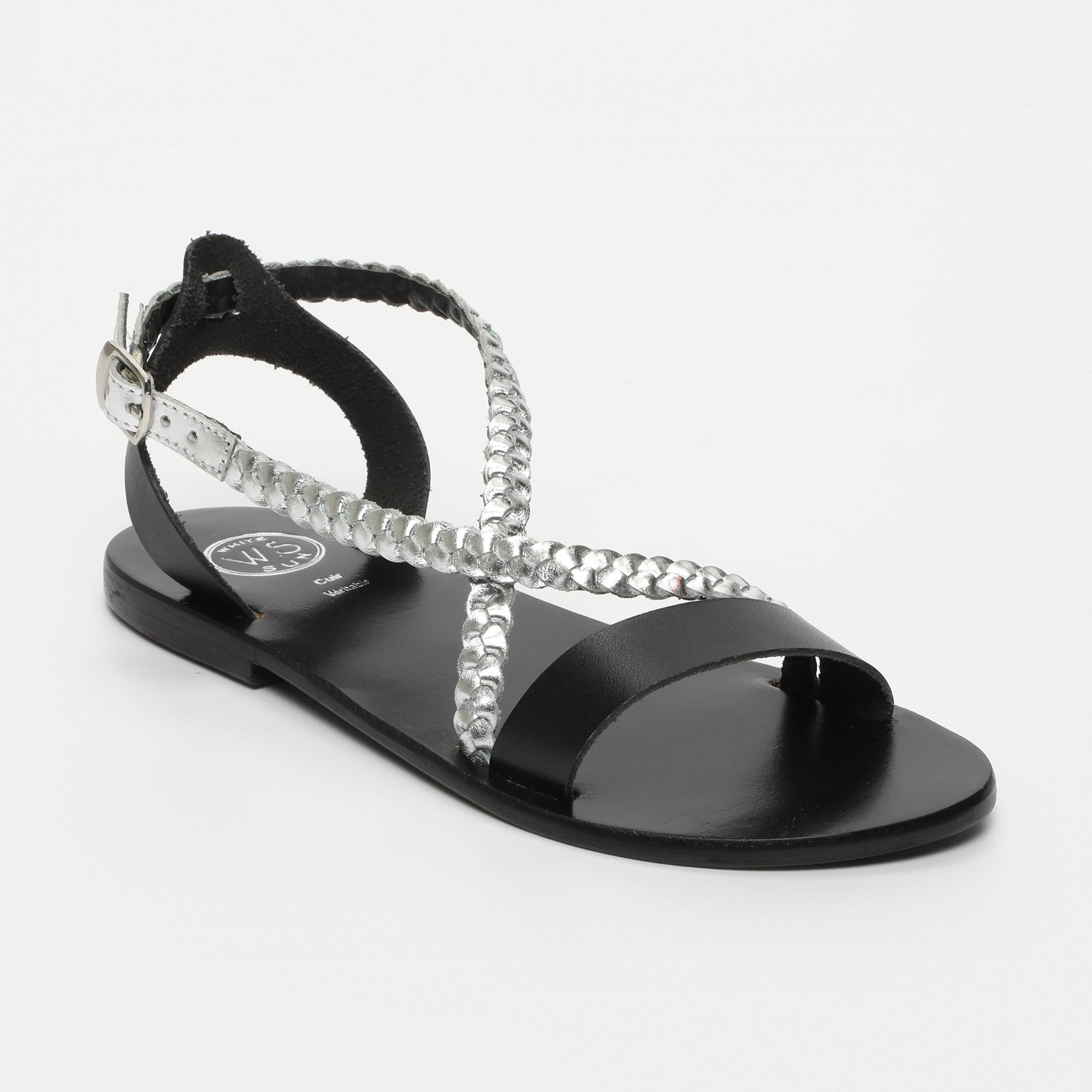 TALIA sandales tresse en cuir noir et argent