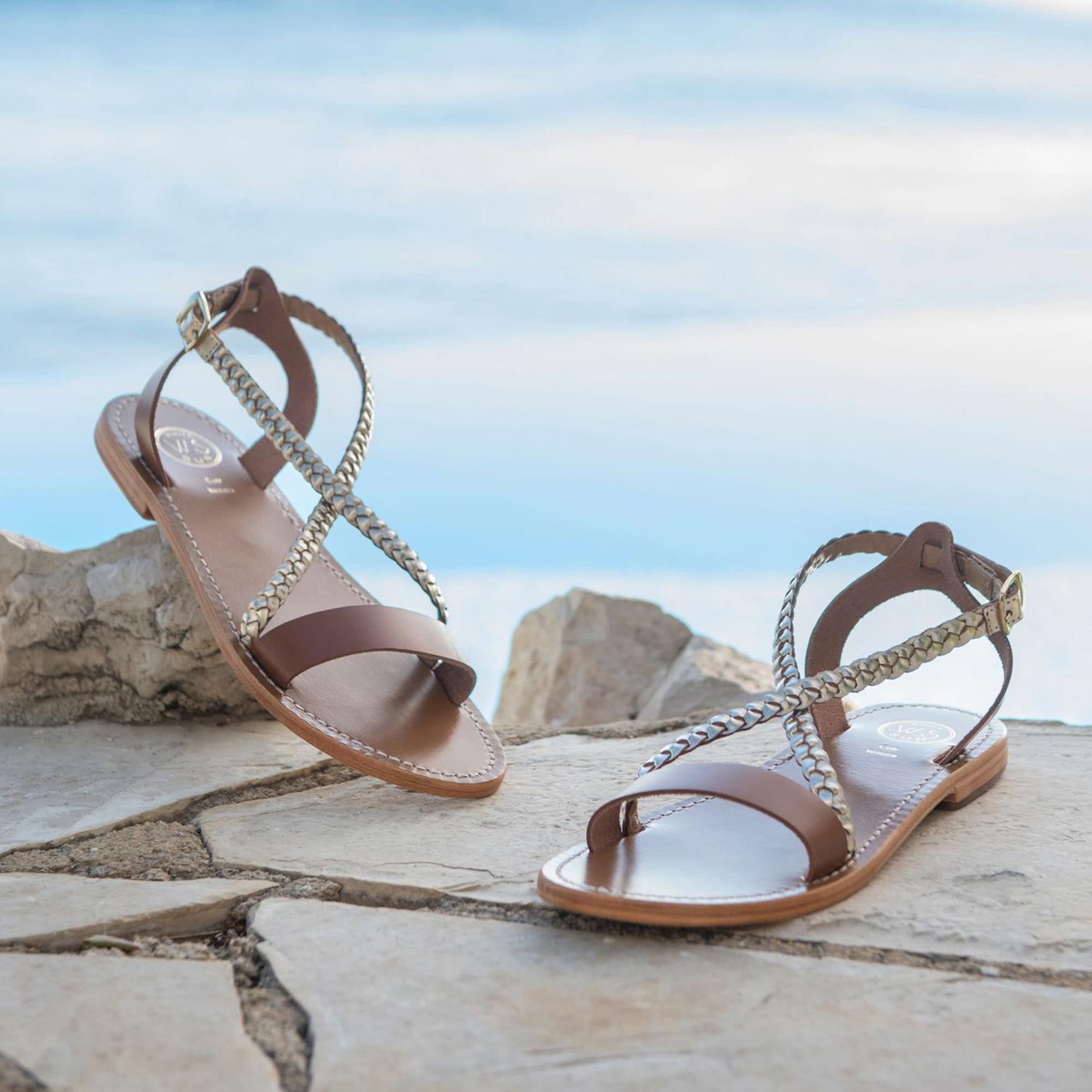TALIA sandales tresse en cuir camel et or