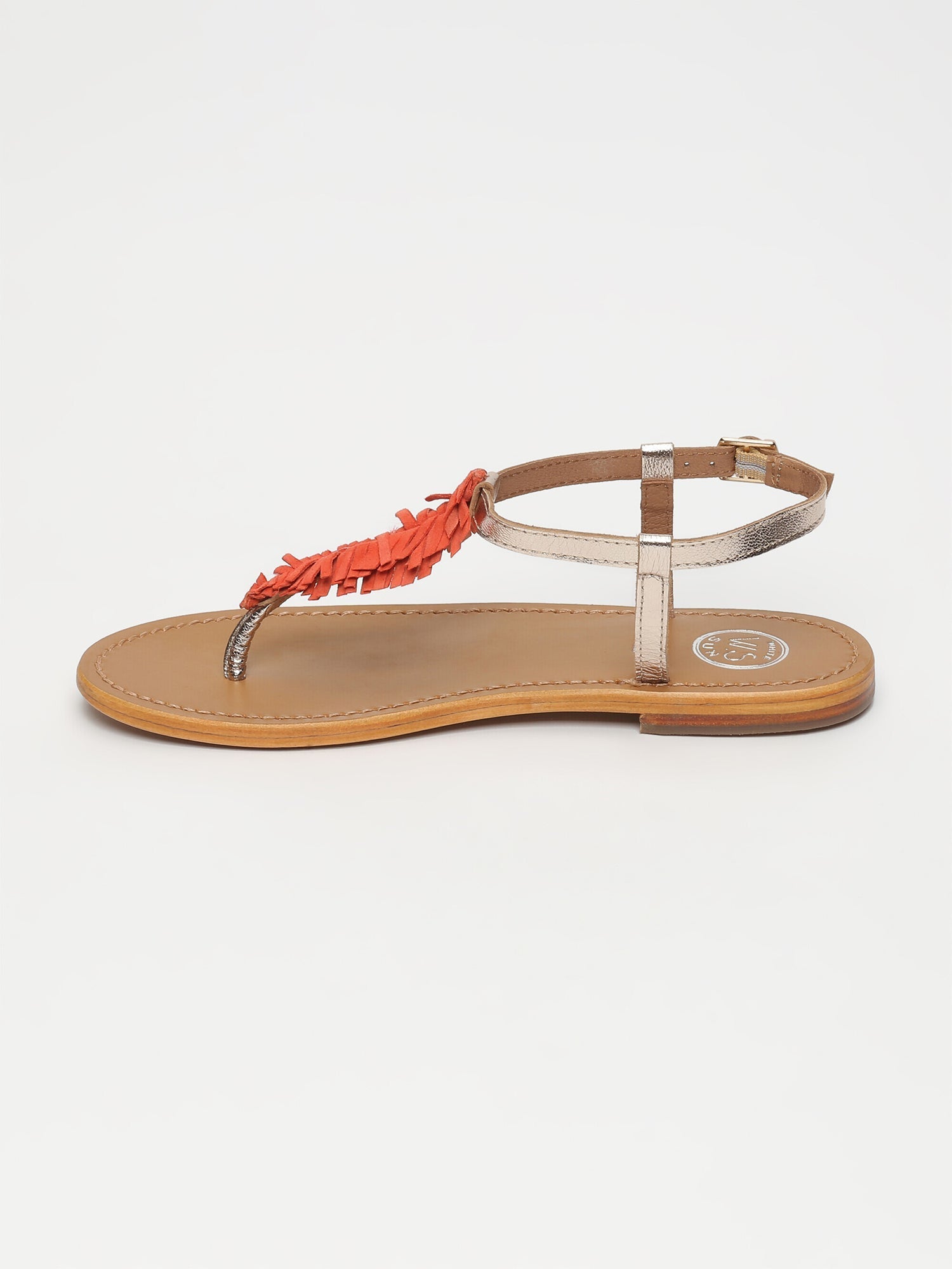 CATARINA sandales entre doigt franges en cuir corail et or