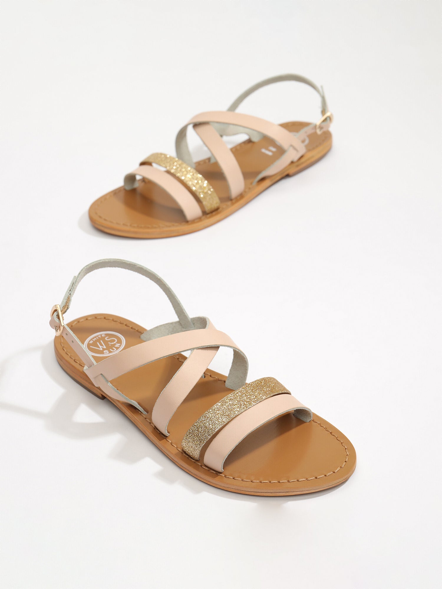 PARAENA sandales bi-color en cuir paillettes beige et rose