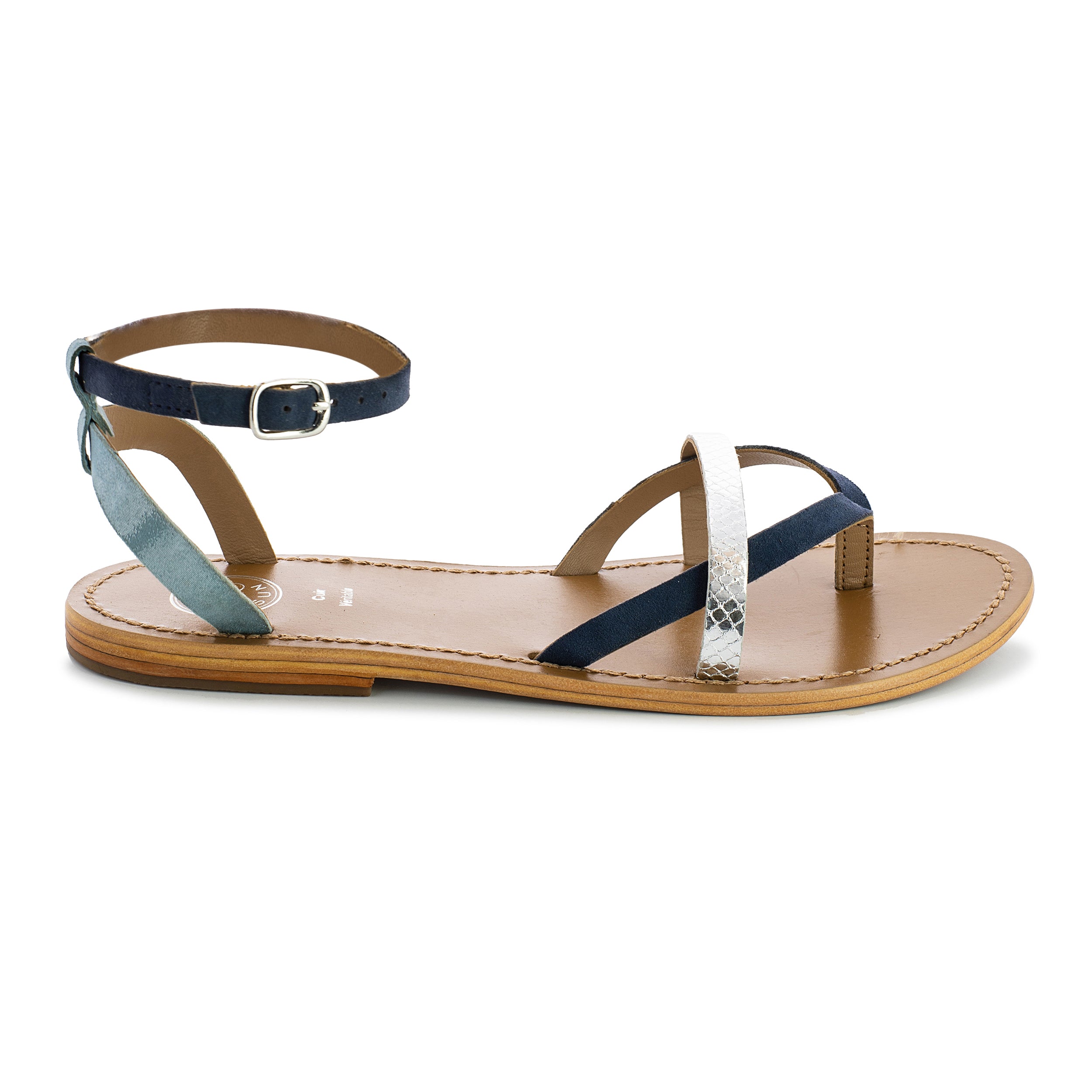 ZARUCCO sandales entre doigt bracelet de cheville en cuir marine et argent