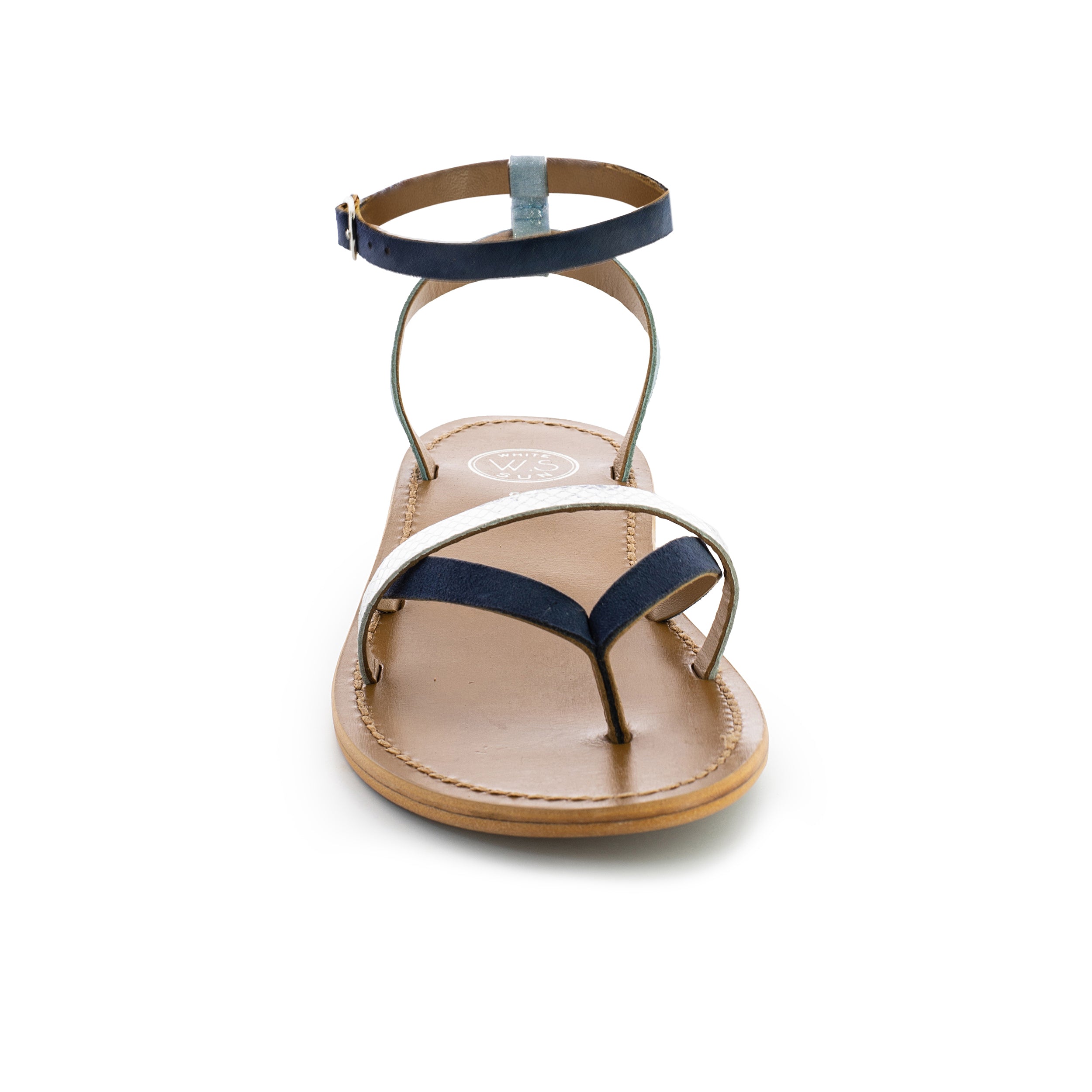 ZARUCCO sandales entre doigt bracelet de cheville en cuir marine et argent