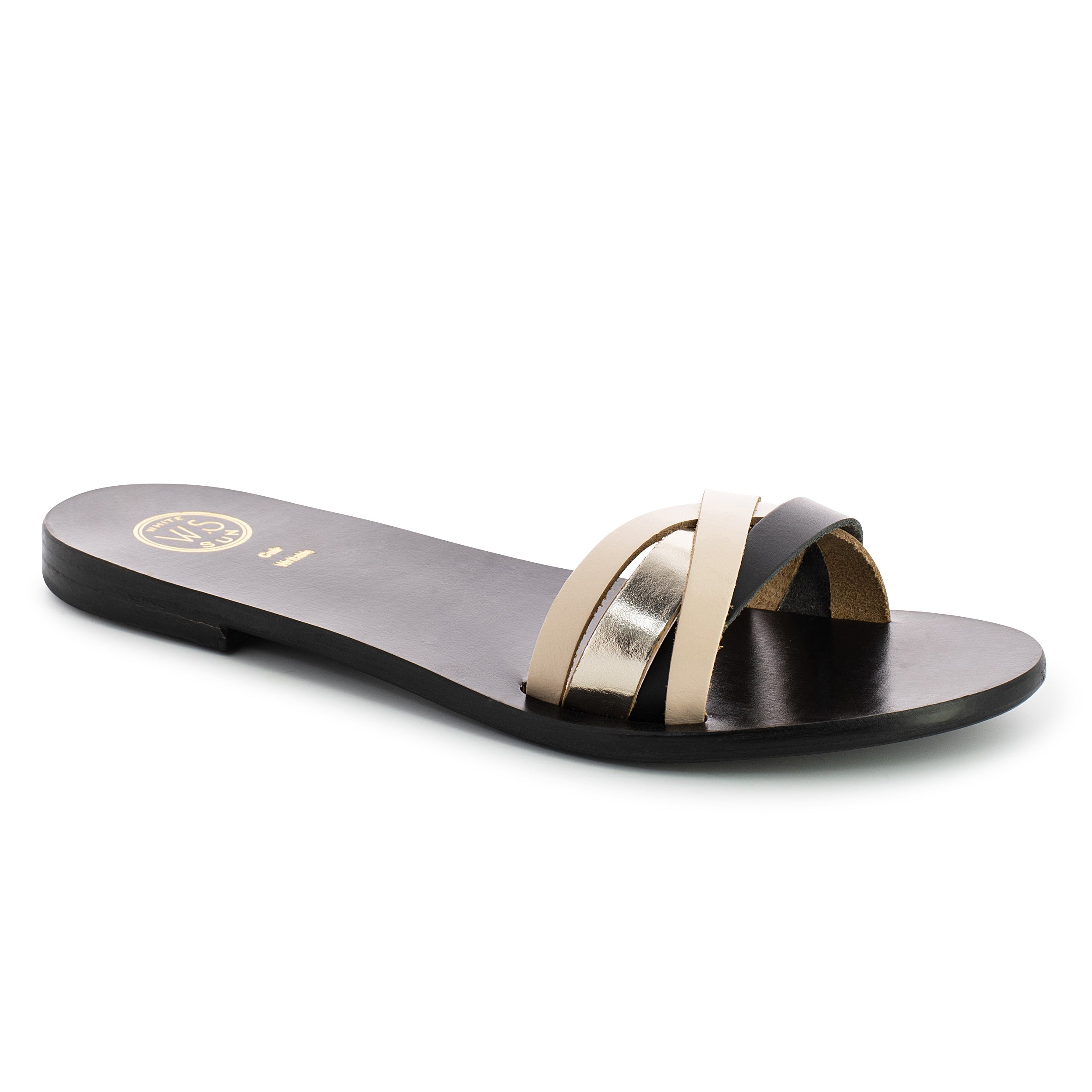 SENECIO mules en cuir beige, noir et or