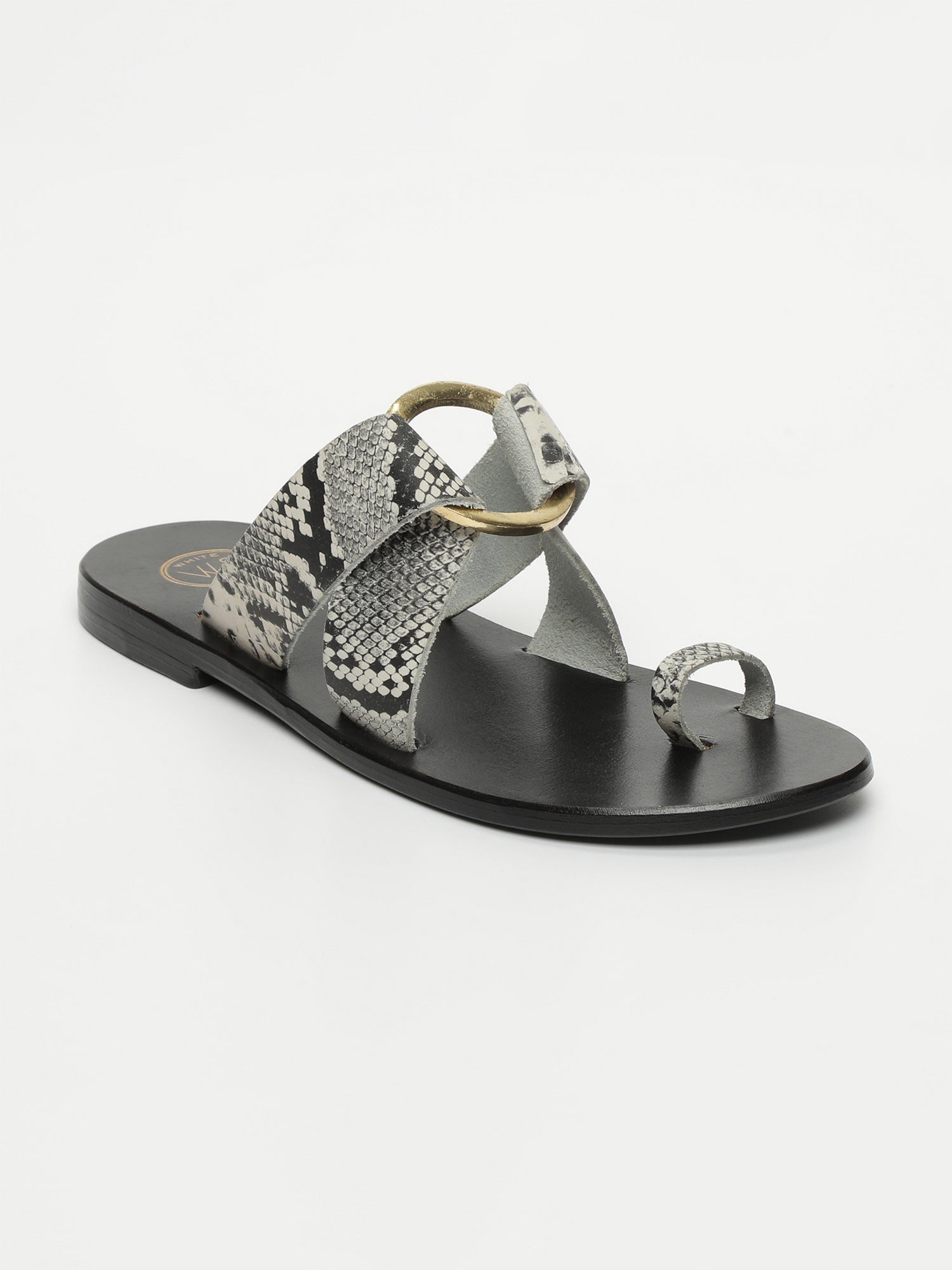 EMRATI sandales en cuir serpent noir et blanc