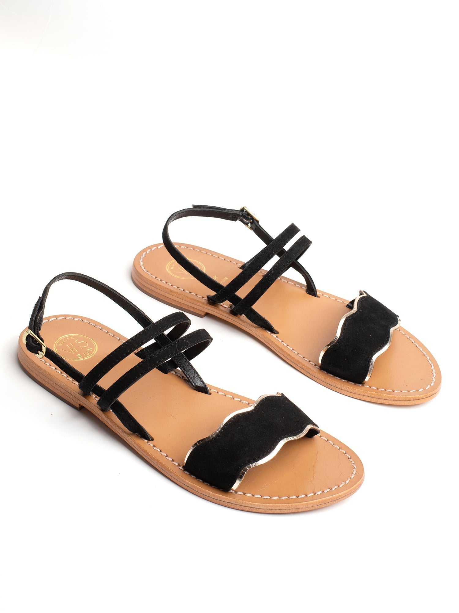 BACIS sandales en cuir noir et or