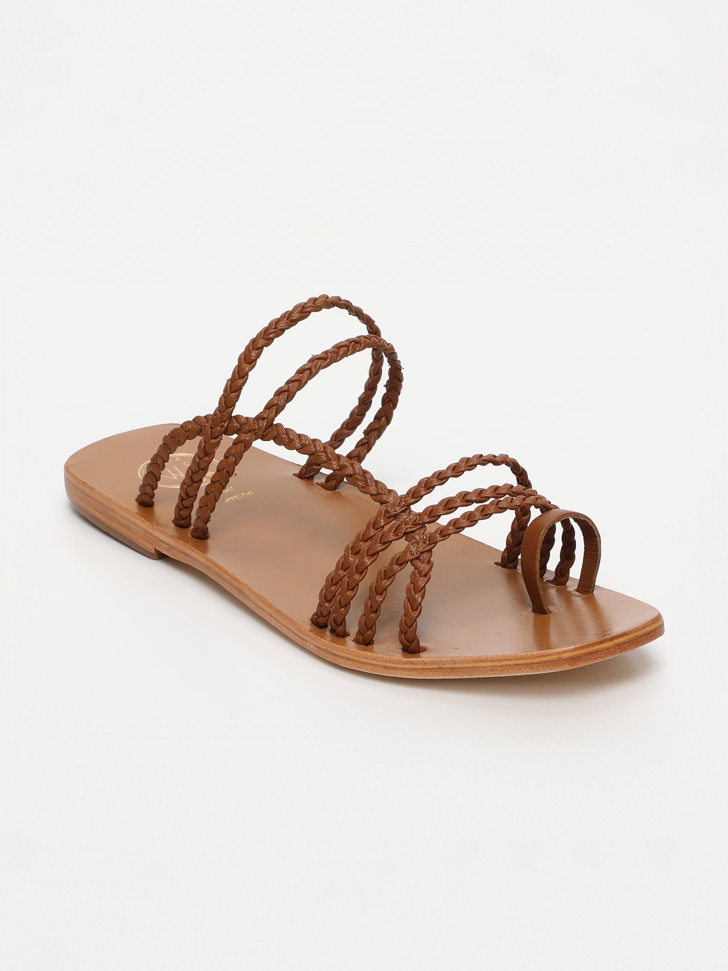 SCARLETT mules entre doigt tresses en cuir camel