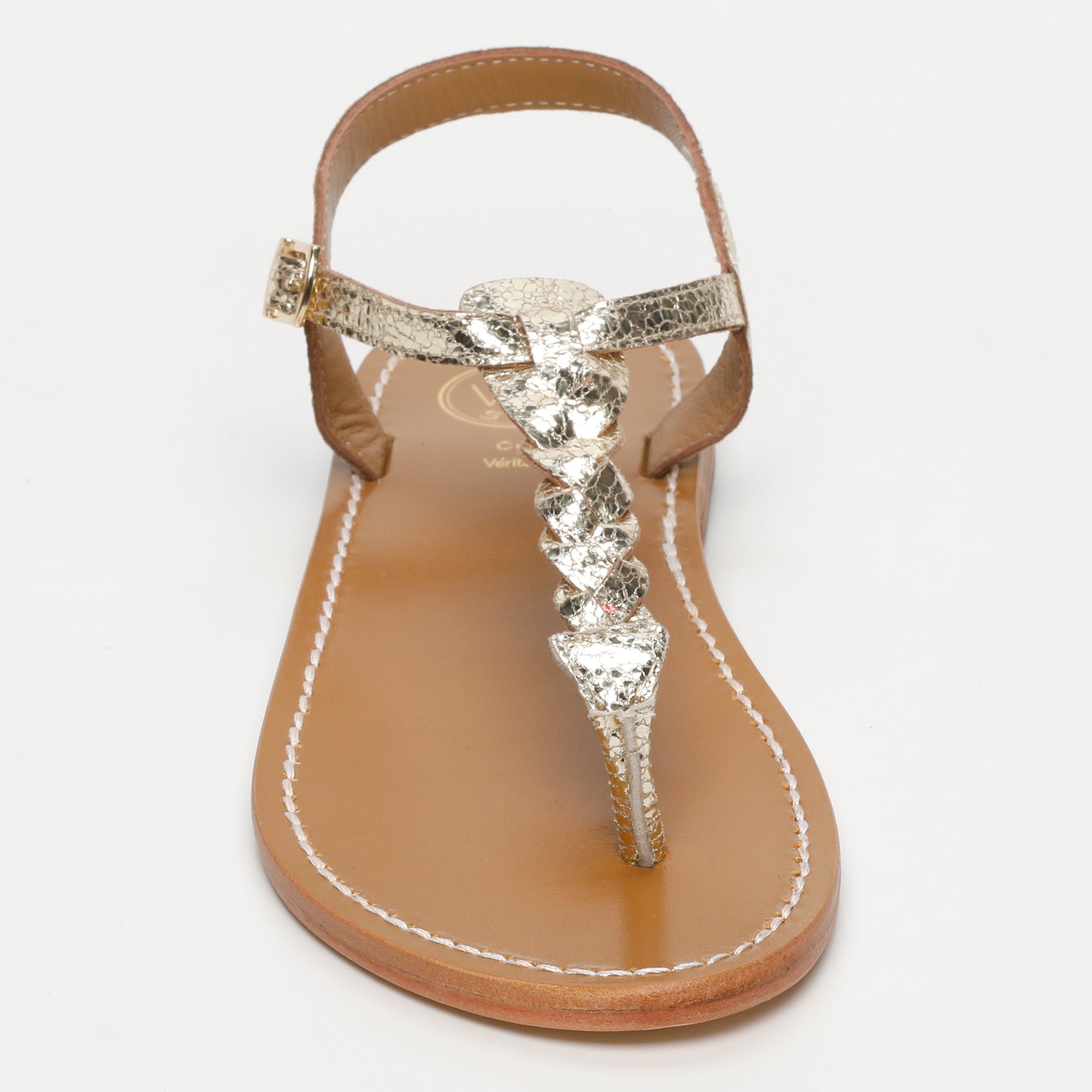 NATAL sandales entre doigt tresse en cuir or craquelé
