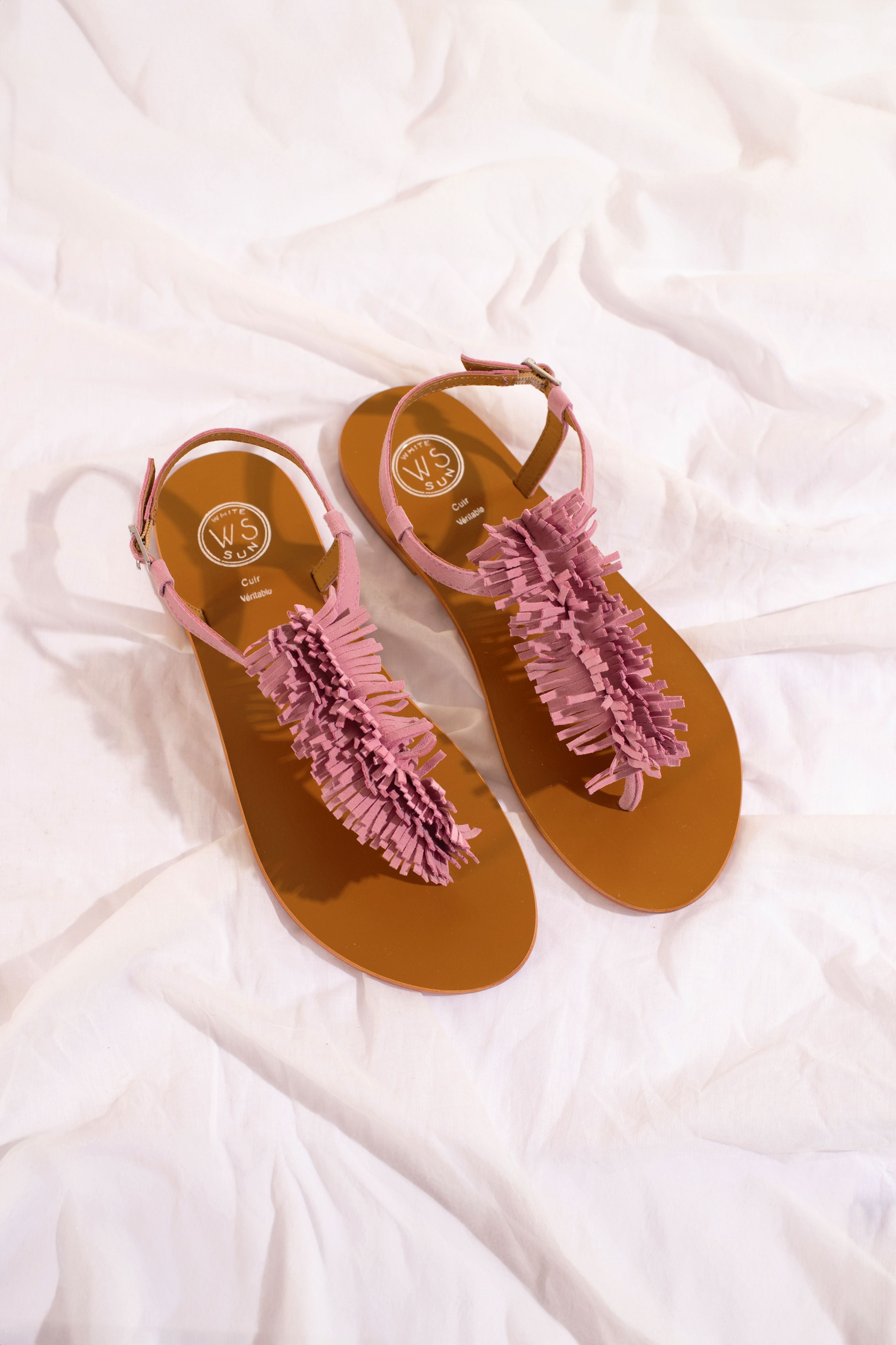 HYDATINA sandales entre doigt franges en cuir rose