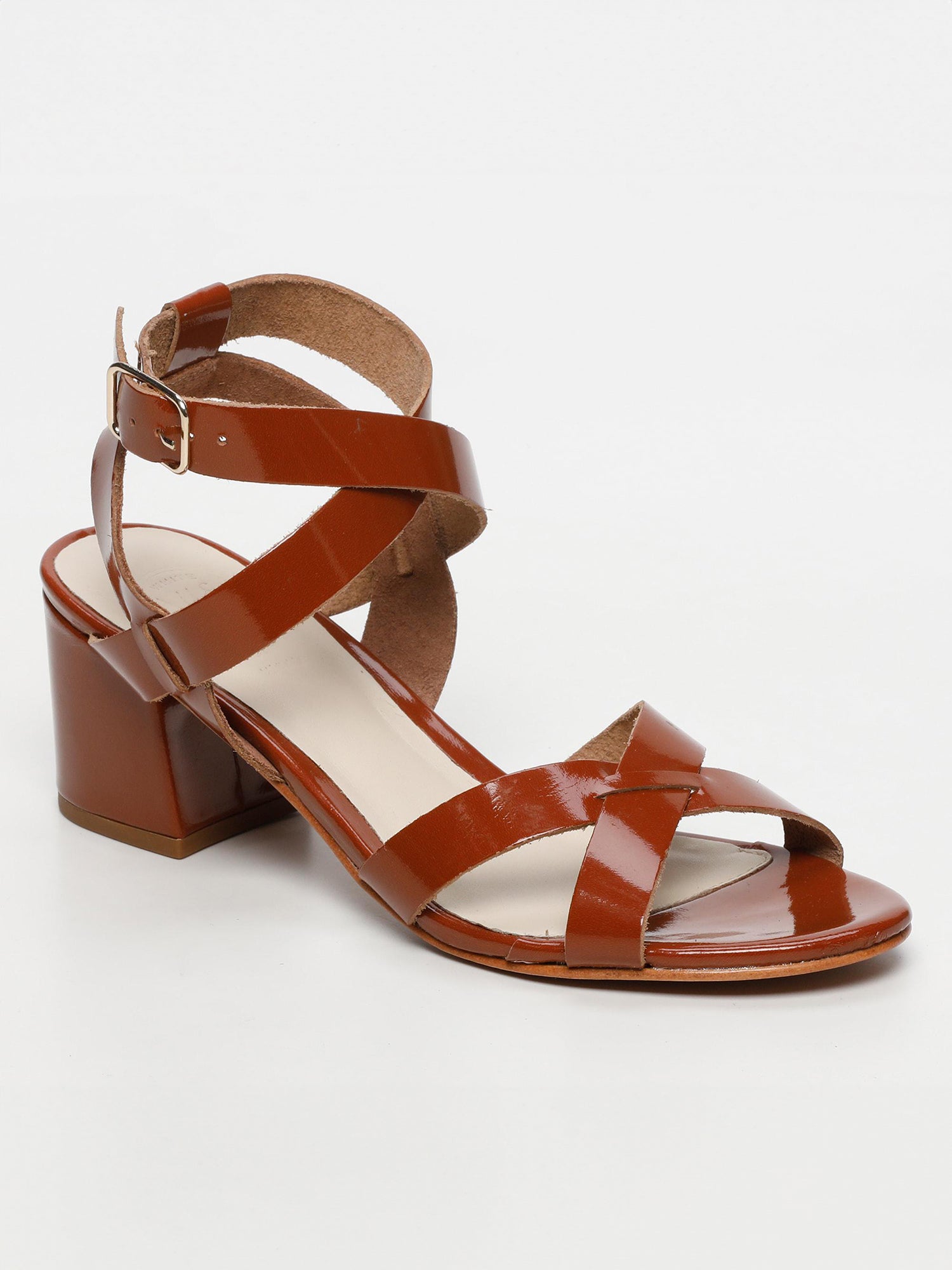 ANABA sandales talon bracelet de cheville en cuir camel verni