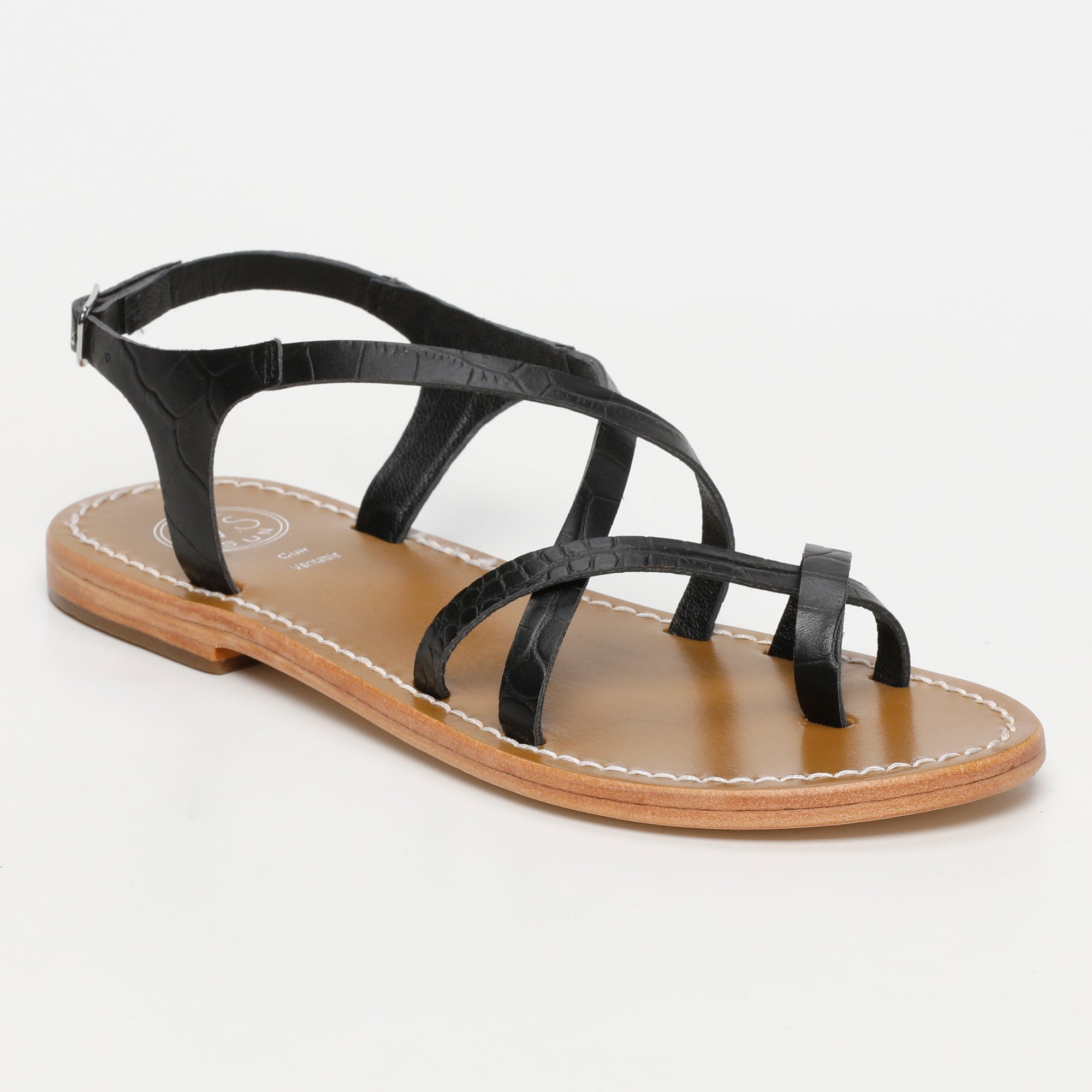 TOBY sandales entre doigt en cuir croco noir