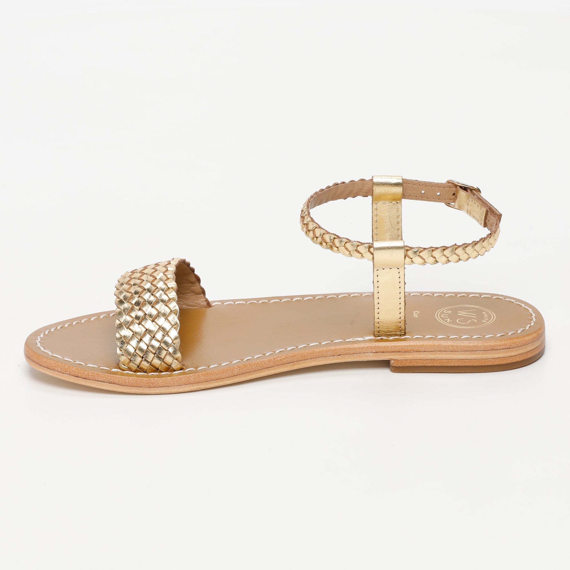 SABOGA sandales bracelet de cheville tresse en cuir or foncé