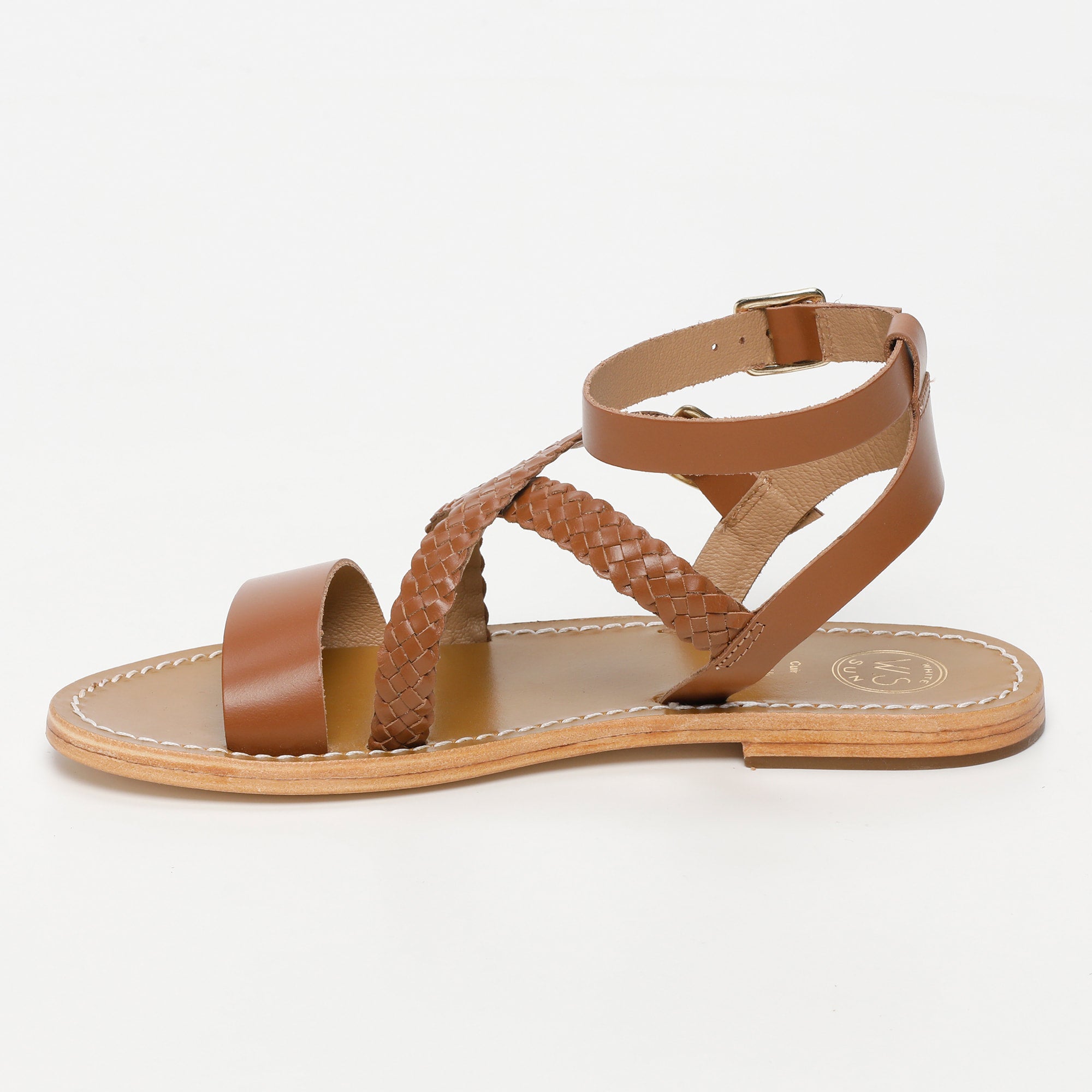 PALMIRA sandales bracelet de cheville tresse en cuir camel