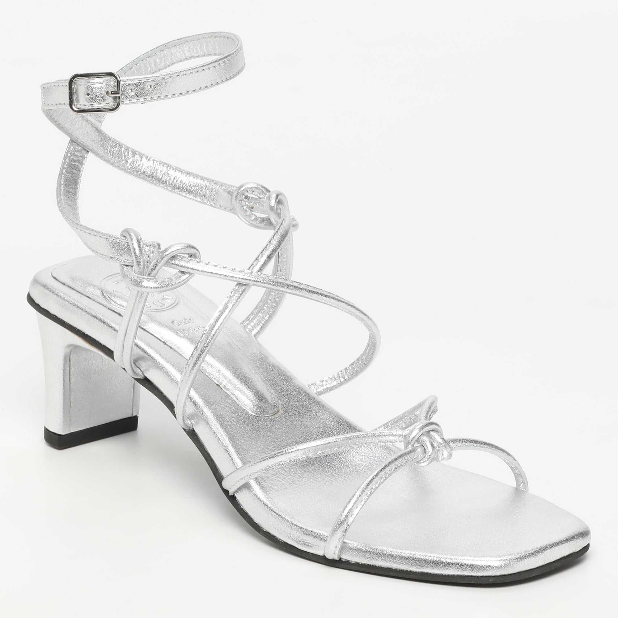 ZELIE sandales talon bracelet de cheville spaghetti en cuir argent