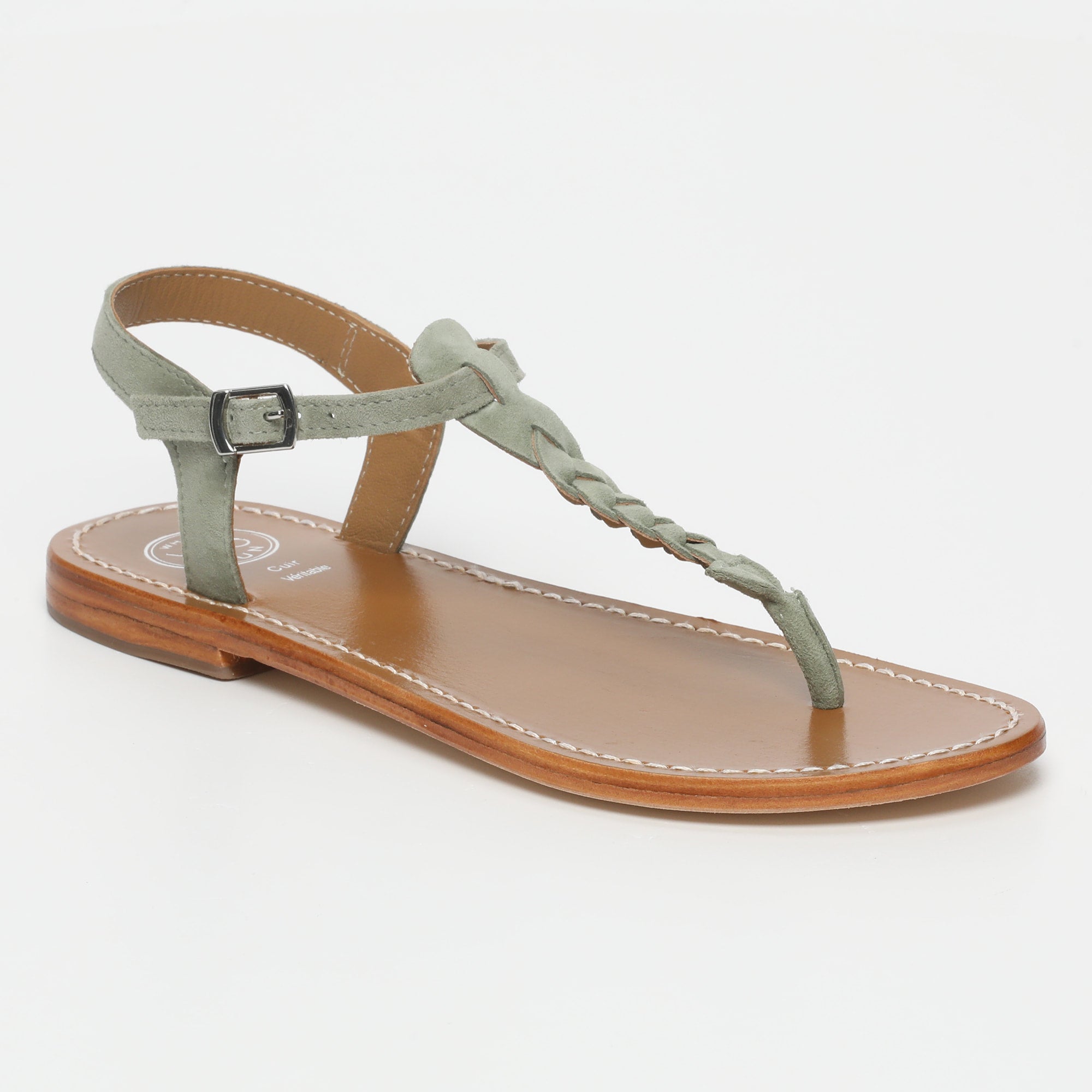 NATAL sandales entre doigt tresse en cuir kaki clair