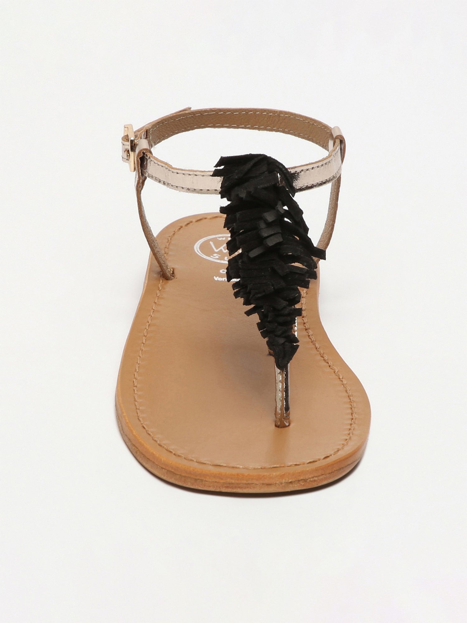 CATARINA sandales entre doigt franges en cuir noir et or