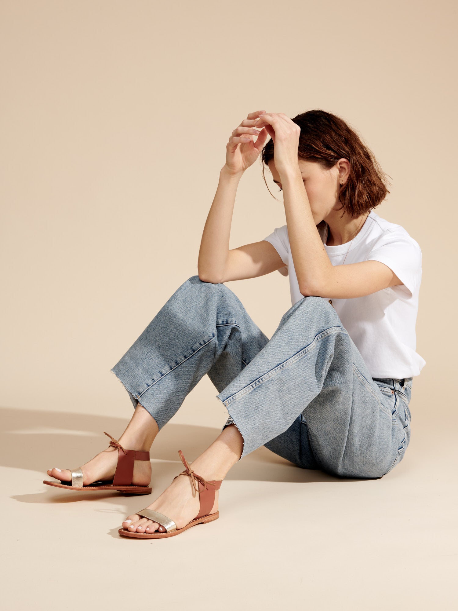 BAHIA sandales spartiates lacets en cuir camel et or