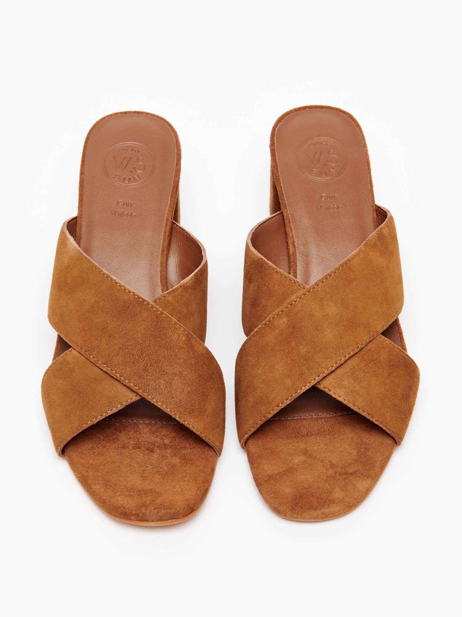 MINA mules talon en cuir camel