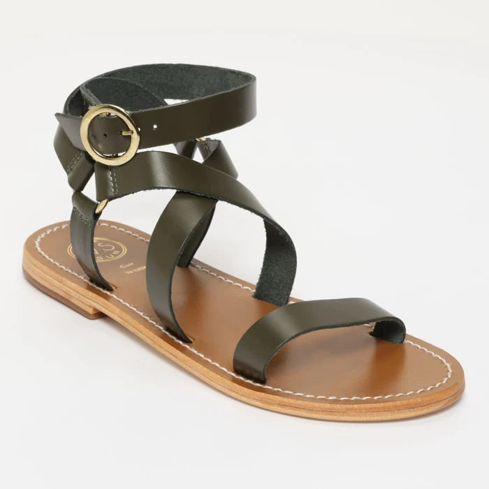 CHAREL sandales spartiate / lacet en cuir kaki foncé