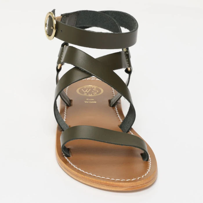 CHAREL sandales spartiate / lacet en cuir kaki foncé