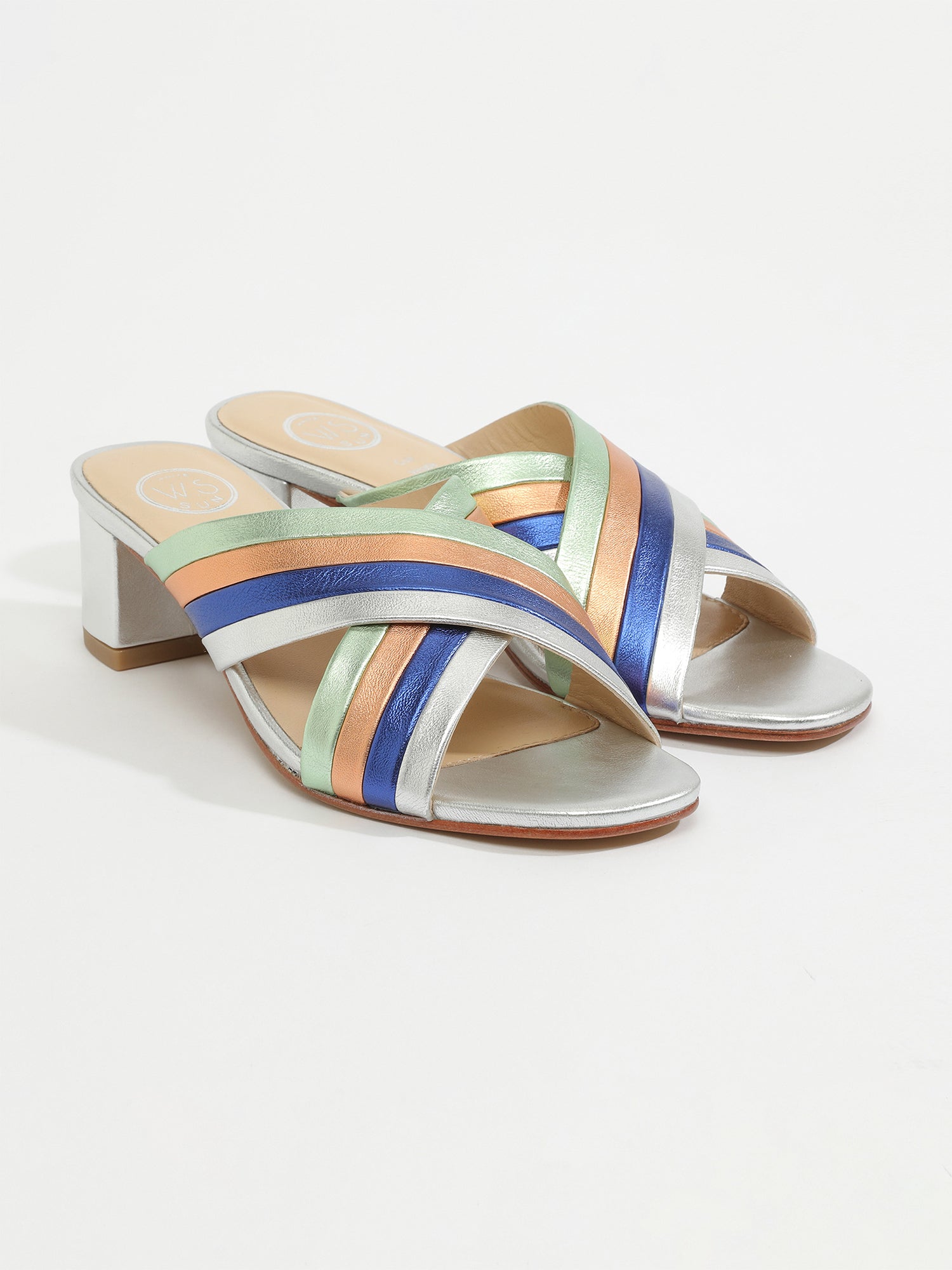 WESLEY mules talon fantaisie en cuir argent, bleu éléctrique et orange