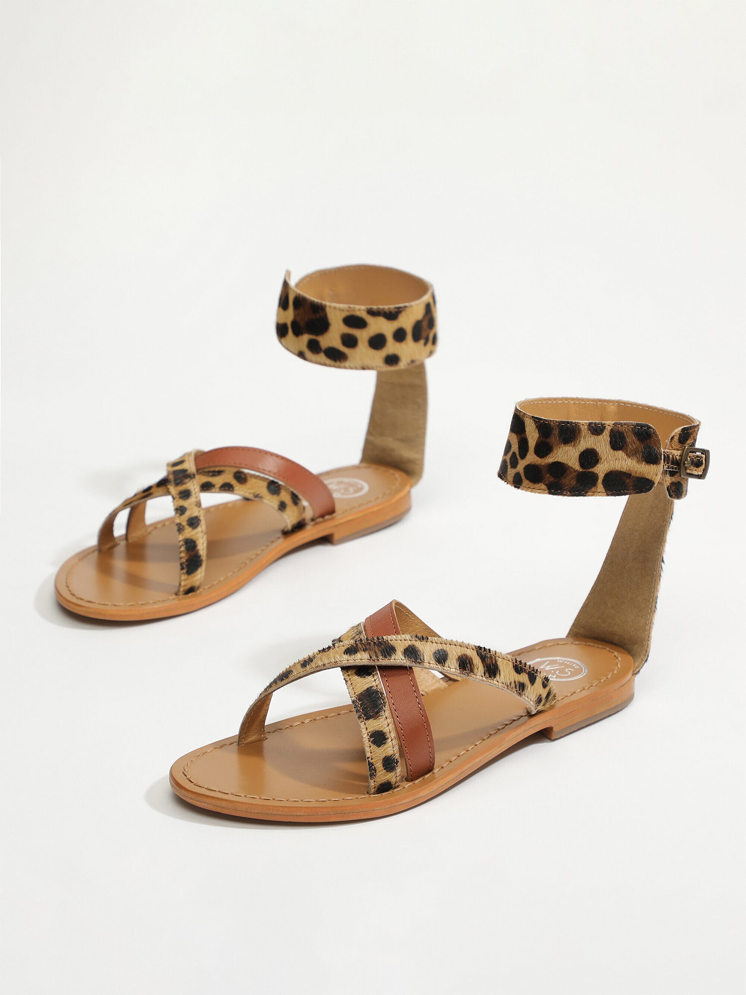 BORA sandales en cuir camel et léopard
