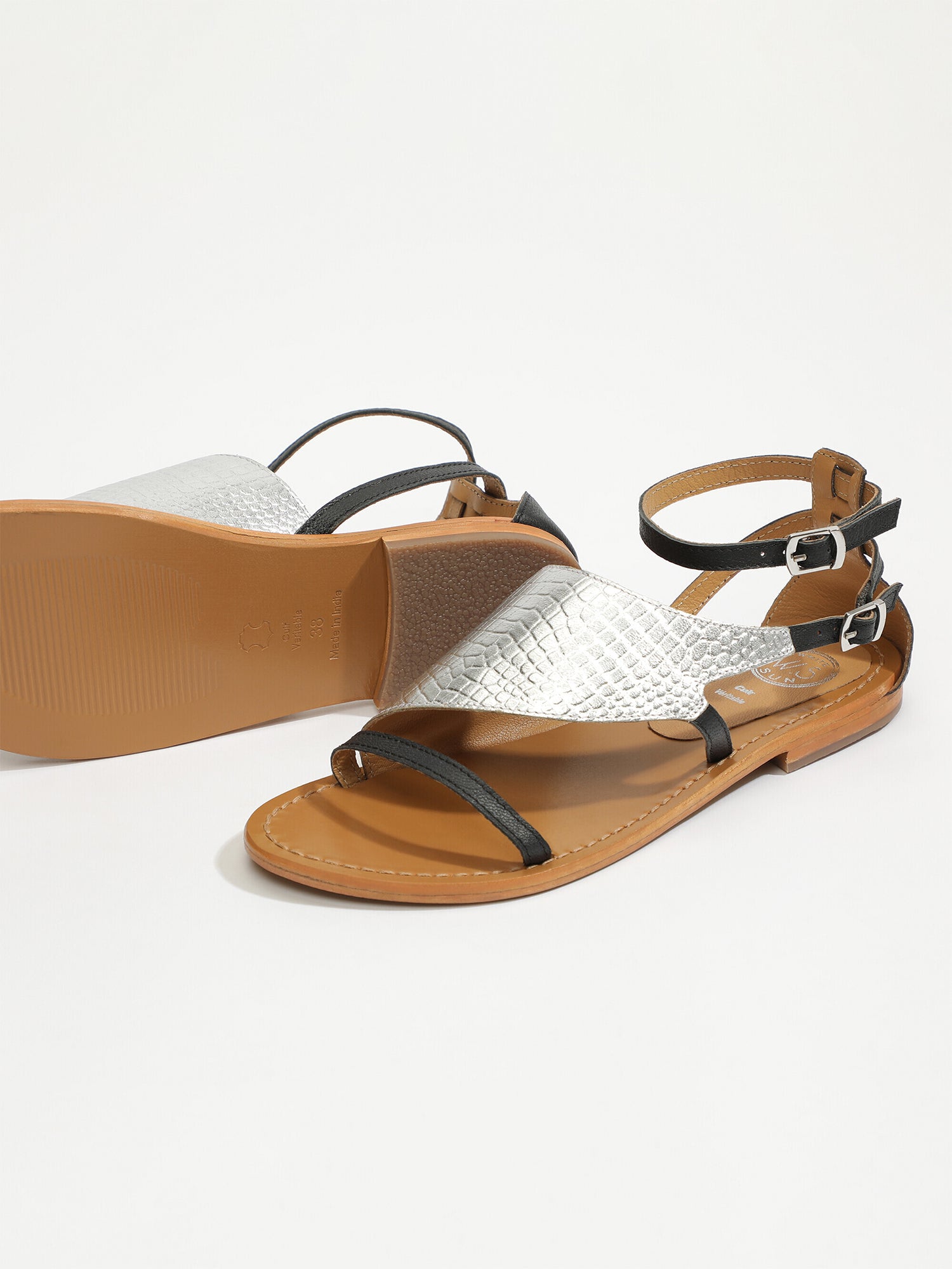 FESSONIA sandales en cuir croco argent et noir