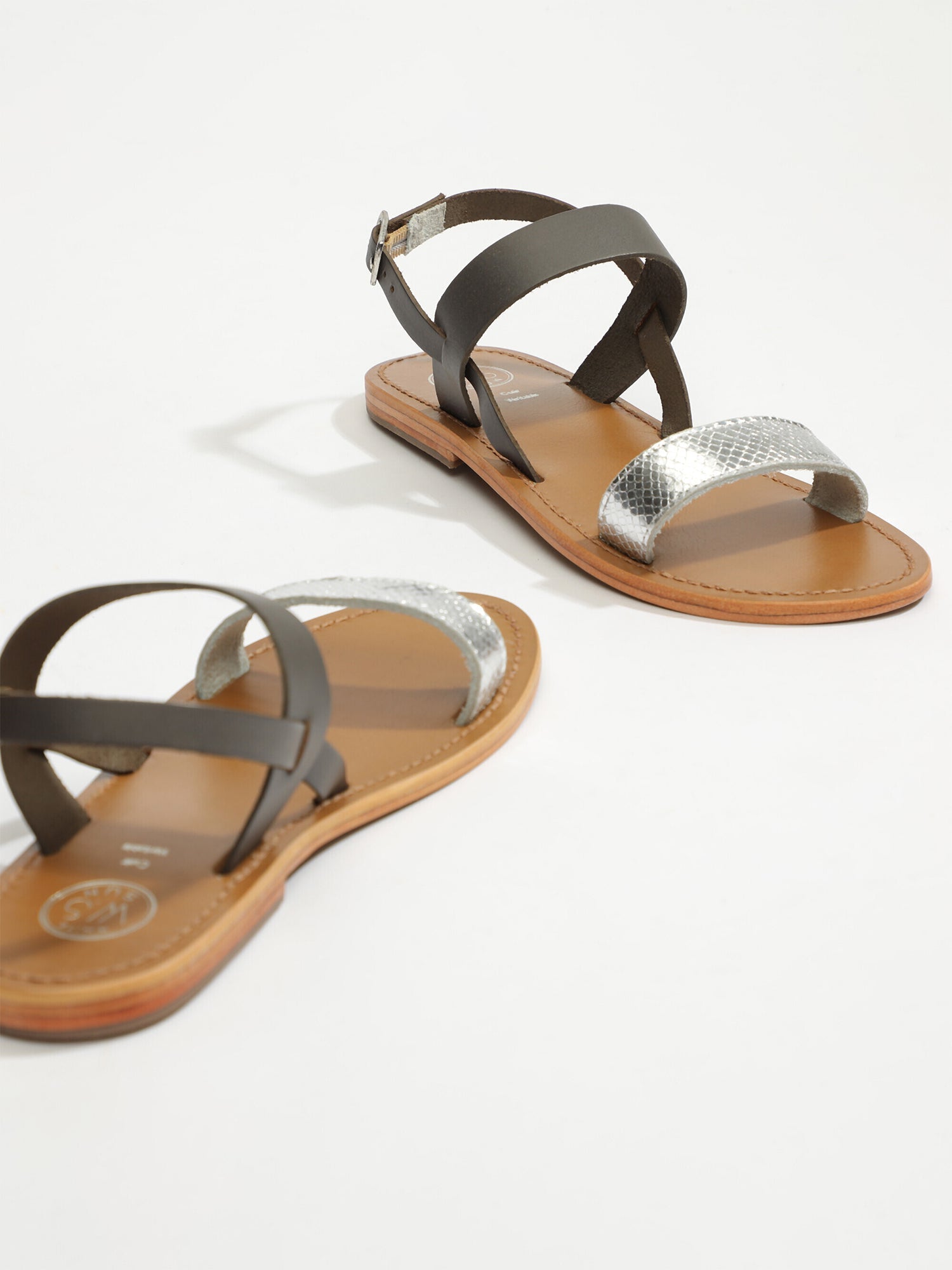 BURSA sandales bi-color en cuir gris et argent