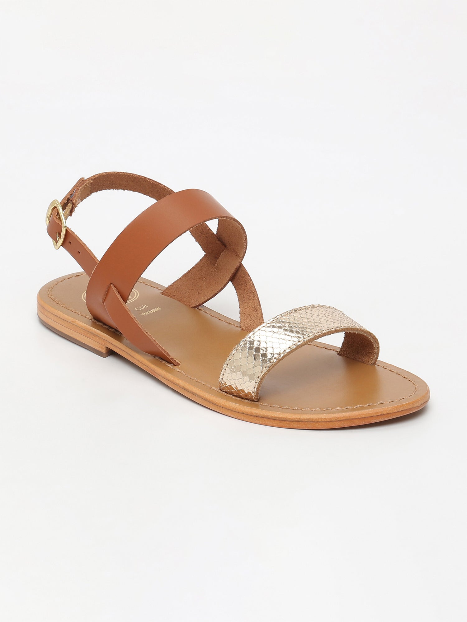 BURSA sandales bi-color en cuir camel et or