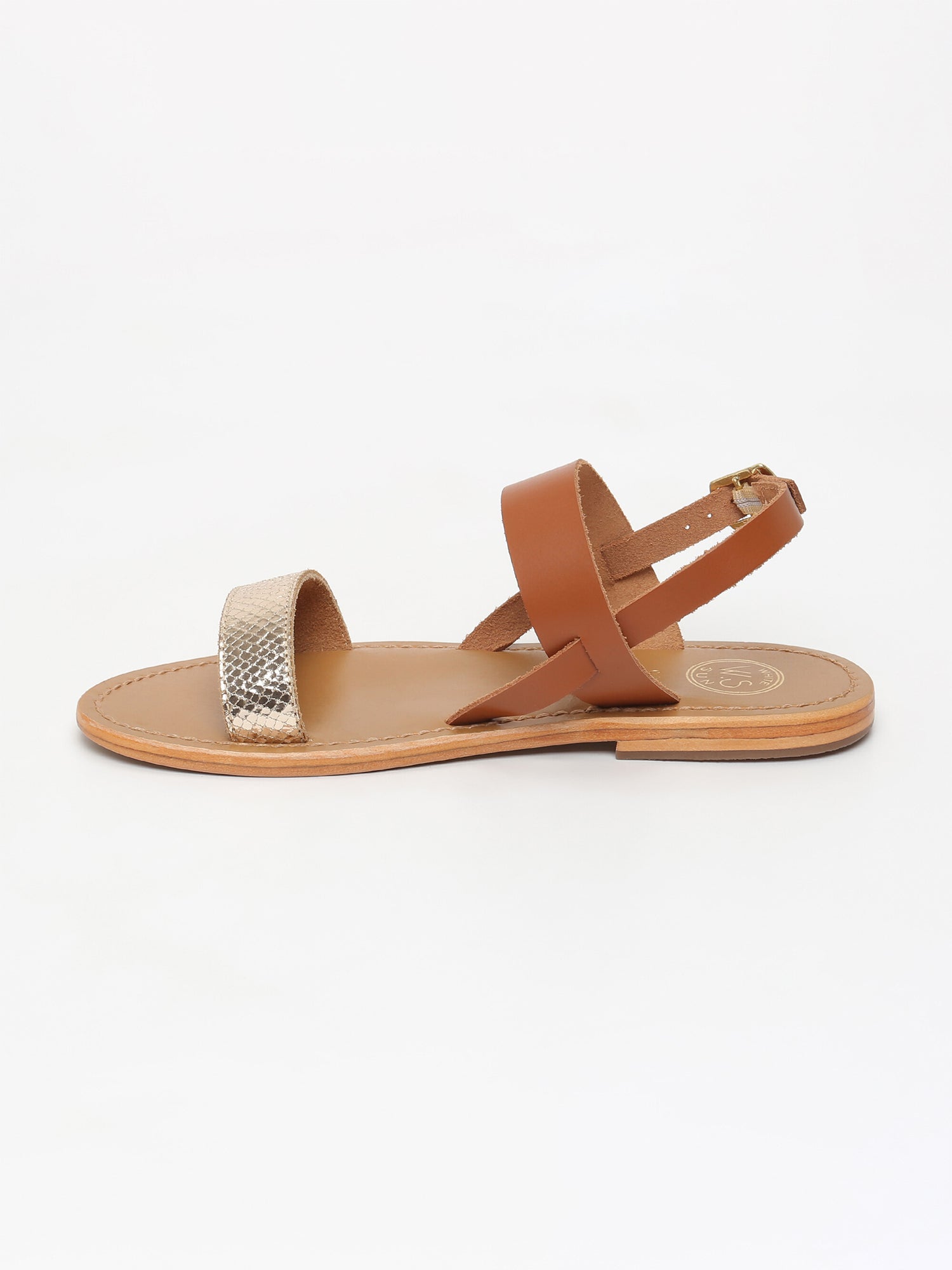 BURSA sandales bi-color en cuir camel et or