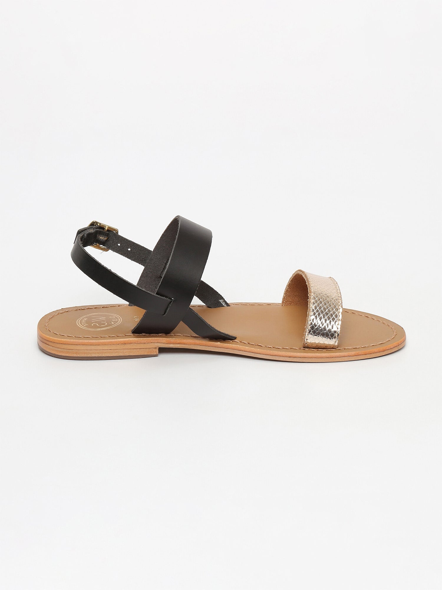 BURSA sandales bi-color en cuir noir et or